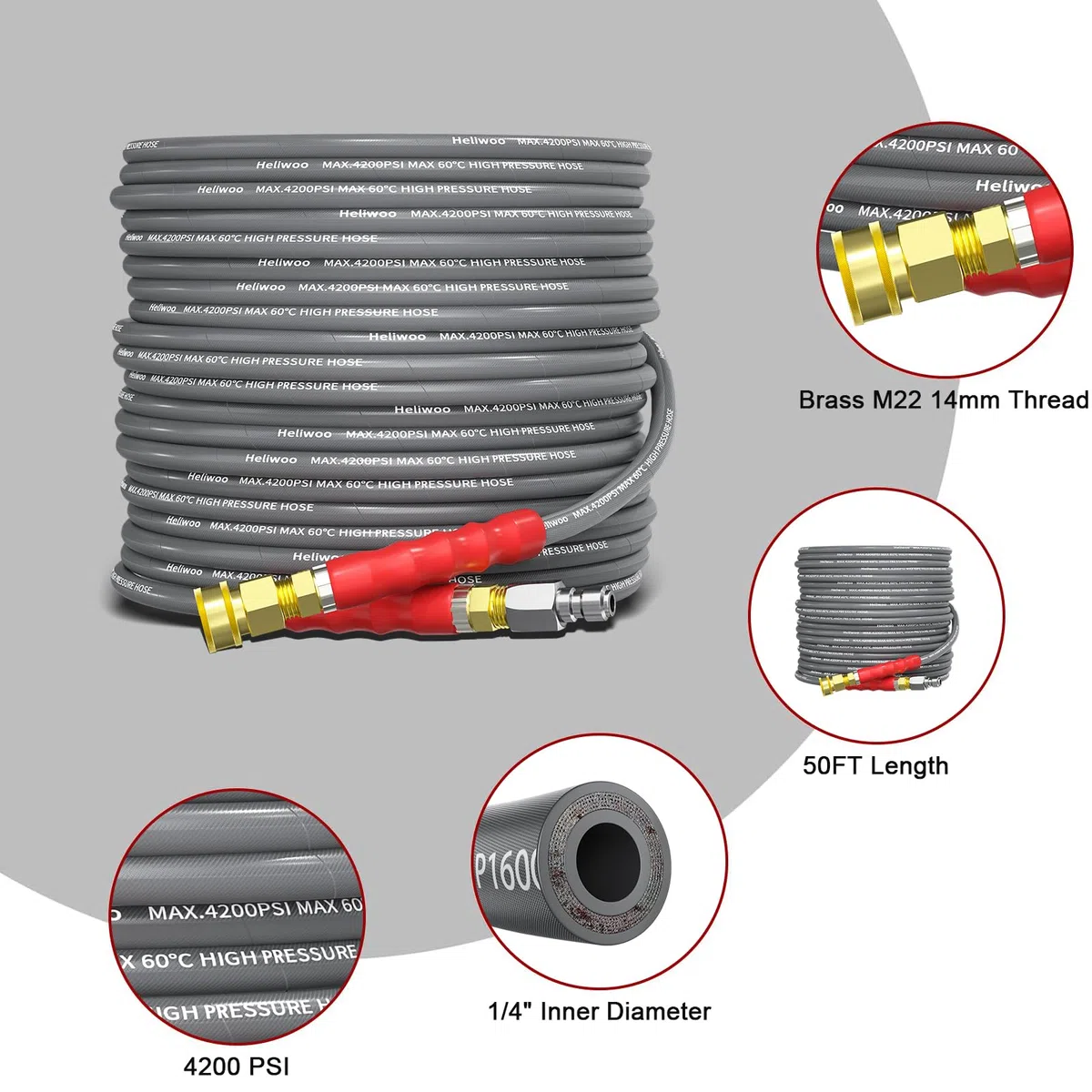 Manguera de lavado a presión de 50 pies, manguera de extensión de alambre trenzado de 4200 PSI, manguera de extensión de 1/4 pulgadas de alta resistencia, flexible resistente a las torceduras,