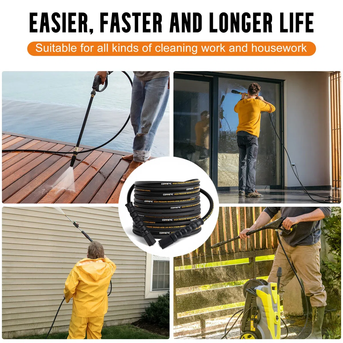 Pressure Washer Hose 50 FT, Heavy Duty & Non-Marking 3/8 Pressure Washer Hose 4000 PSI Kink Resistant, High Tensile Wire Braided Power washing Hose, M22 14mm Brass Thread Adapter Set