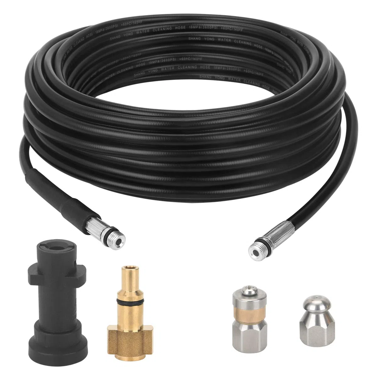 STYDDI Juego de manguera de limpieza de tuberías para Kärcher K2, K3, K4, K5, K6, K7, manguera con boquillas rígidas + giratorias, manguera para limpieza de desagües, incluye adaptador, 30 m, 180 bar