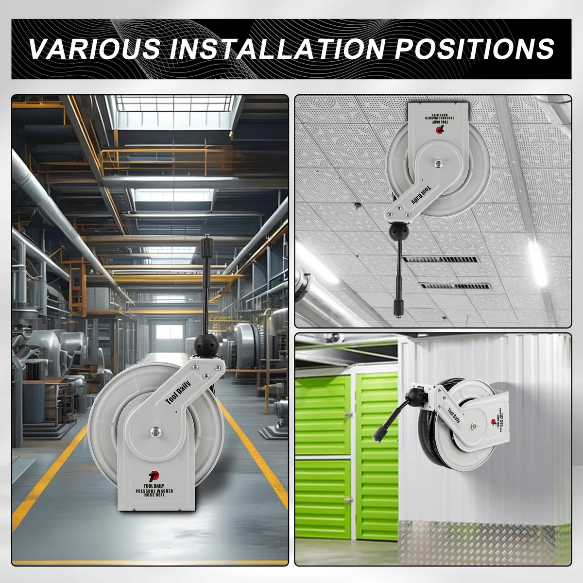 Tool Daily Carrete de manguera retráctil para lavadora a presión, carrete de manguera de lavadora eléctrica de 60 pies x 1/4 pulgadas, carrete de manguera de alta presión resistente de 3600 PSI,