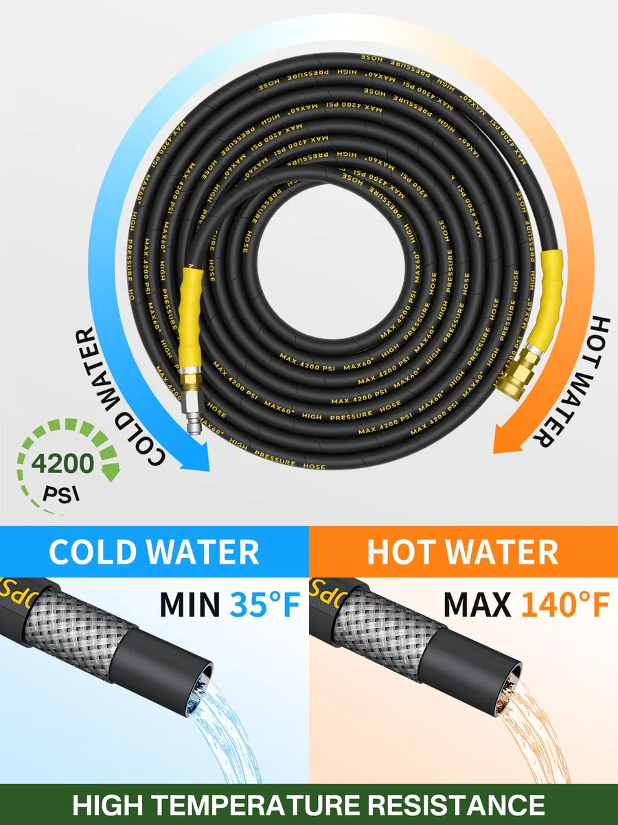 Manguera De Lavado a Presión 4200 PSI 150 Pies Con Conexión Rápida Giratoria 3/8 Pulgadas Para Agua Fría/caliente, Alambre Acero Trenzado Resistente a Las Torceduras