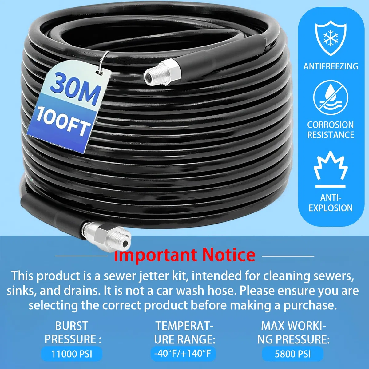 Kit de manguera de lavado a presión de 30 m, manguera de repuesto de lavadora de alta presión de 400 bar/5800 PSI con 4 adaptadores y 2 boquillas compatibles con lavadoras a presión Karcher y