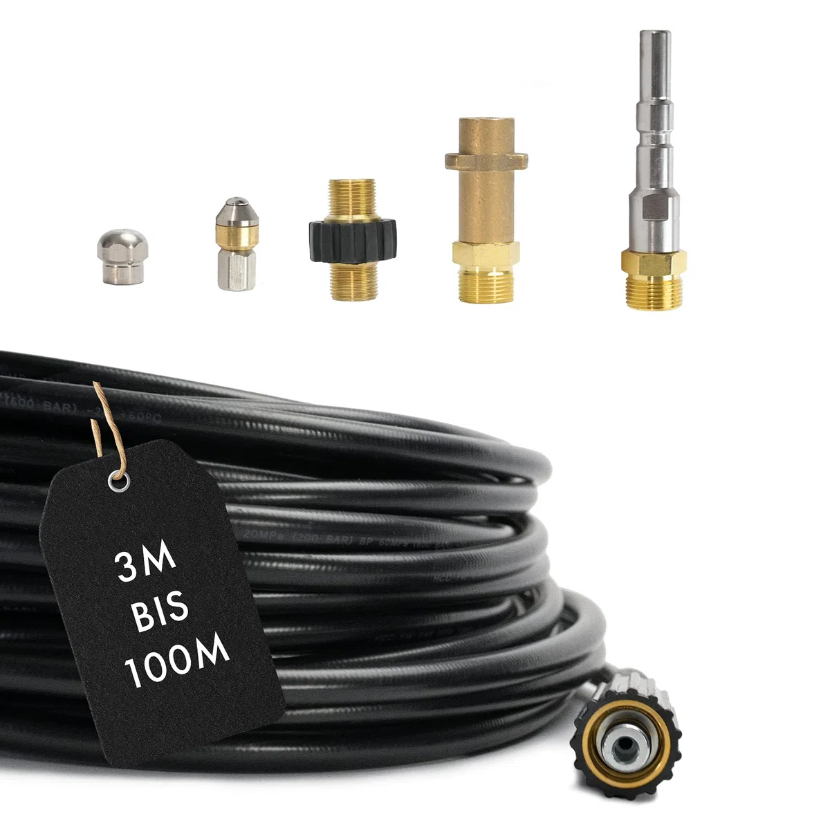 M&M Smartek manguera desatascadora, kit 6 piezas, para KEW/Nilfisk, M22 | Kit desatascador con manguera, adaptadores y boquillas según variante; comprobar conexiones, presión, contenido y equipo.