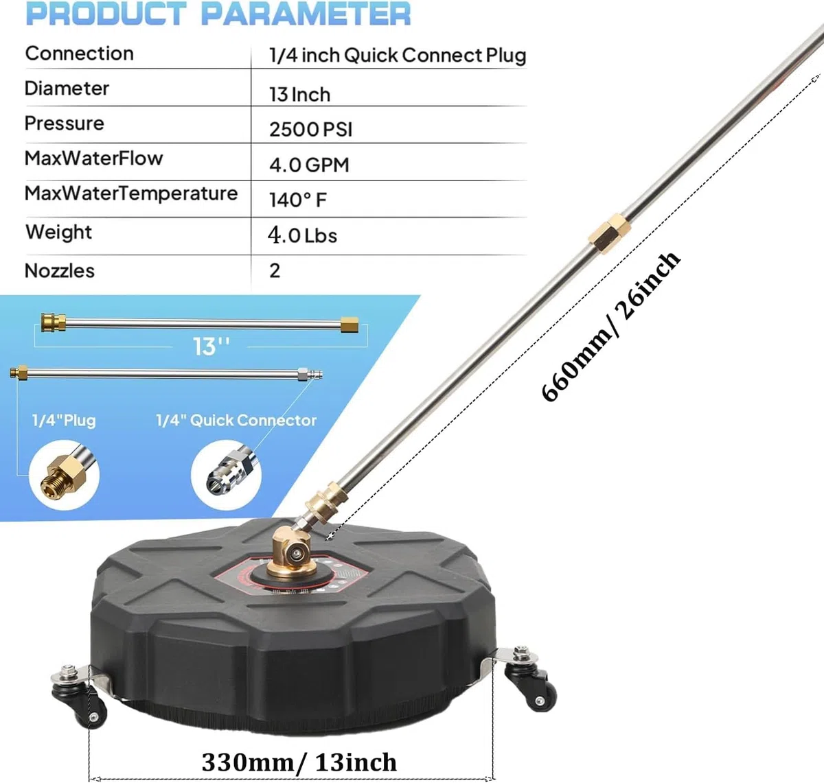 Limpiador de Superficies, 330mm Accesorio para Limpiador de Superficies para Lavadora de Alta Presión Universal, Limpiador de Pisos con 3 Ruedas y 2 Varillas de Extensión, 2500PSI
