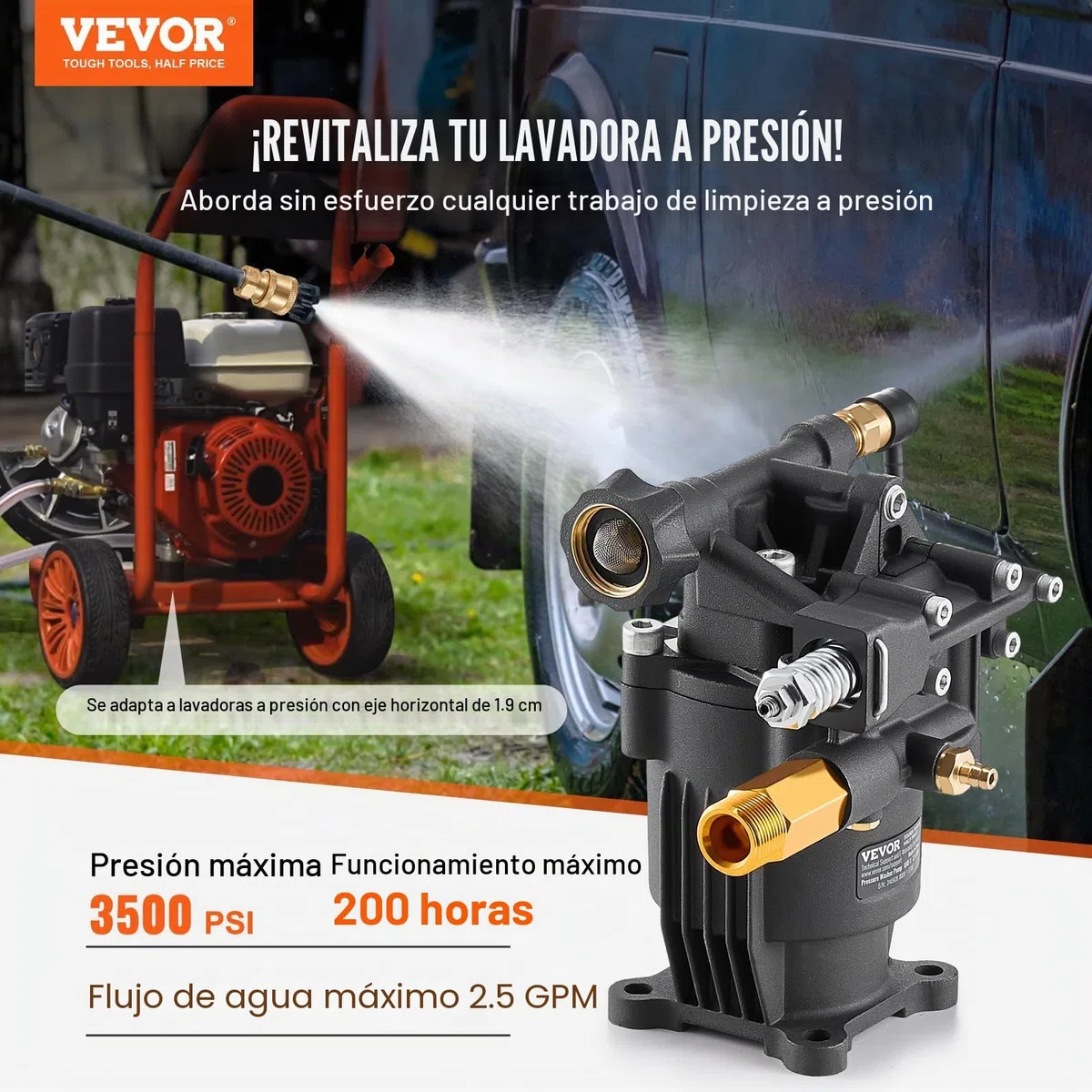 VEVOR Bomba para Hidrolavadora Eje horizontal de 19,05mm 3500 PSI 2,5 GPM Kit de Repuesto para Hidrolavadora con 5 Boquillas, Herrajes y Tubo de Sifón Compatible con Simpson, Honda, Troy-Bilt, Generac