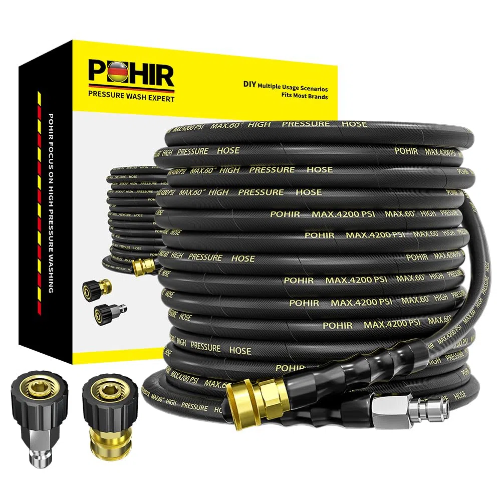 POHIR Manguera de lavado a presión de 50 pies con conexión rápida de 3/8 pulgadas, resistente a torceduras, alambre trenzado de alta resistencia, con 2 adaptadores M22 de 14 mm, manguera de lavado