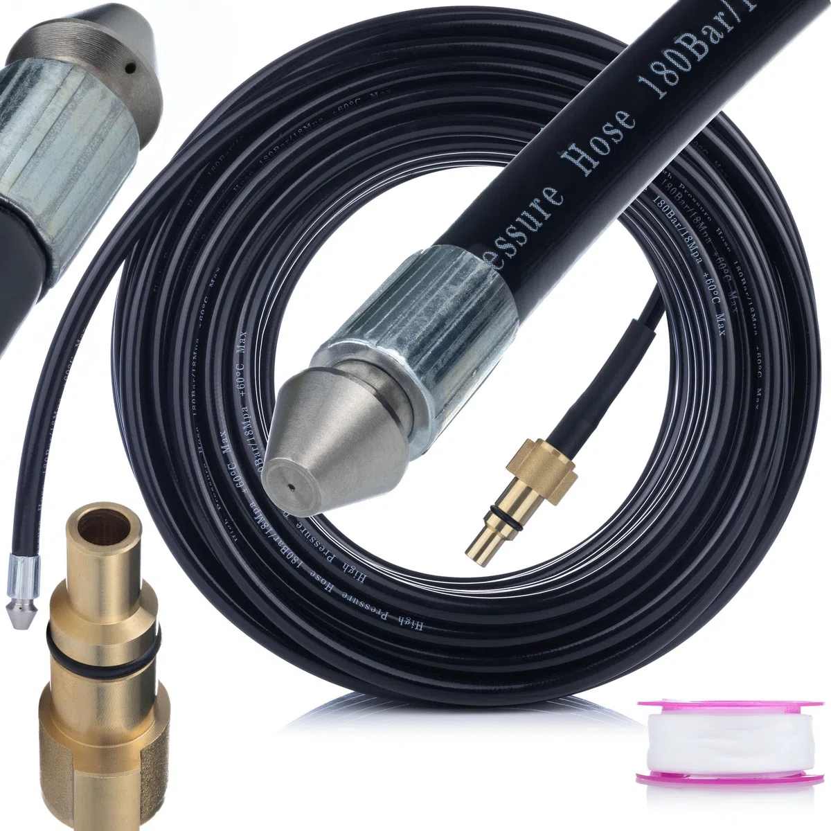 Rosfix Manguera de limpieza de conductos de 30 m, 160 bar, 60 °C, rosca de 1/4 pulgadas, repuesto para Lavor, Parkside PHD, accesorio para limpieza de desagües