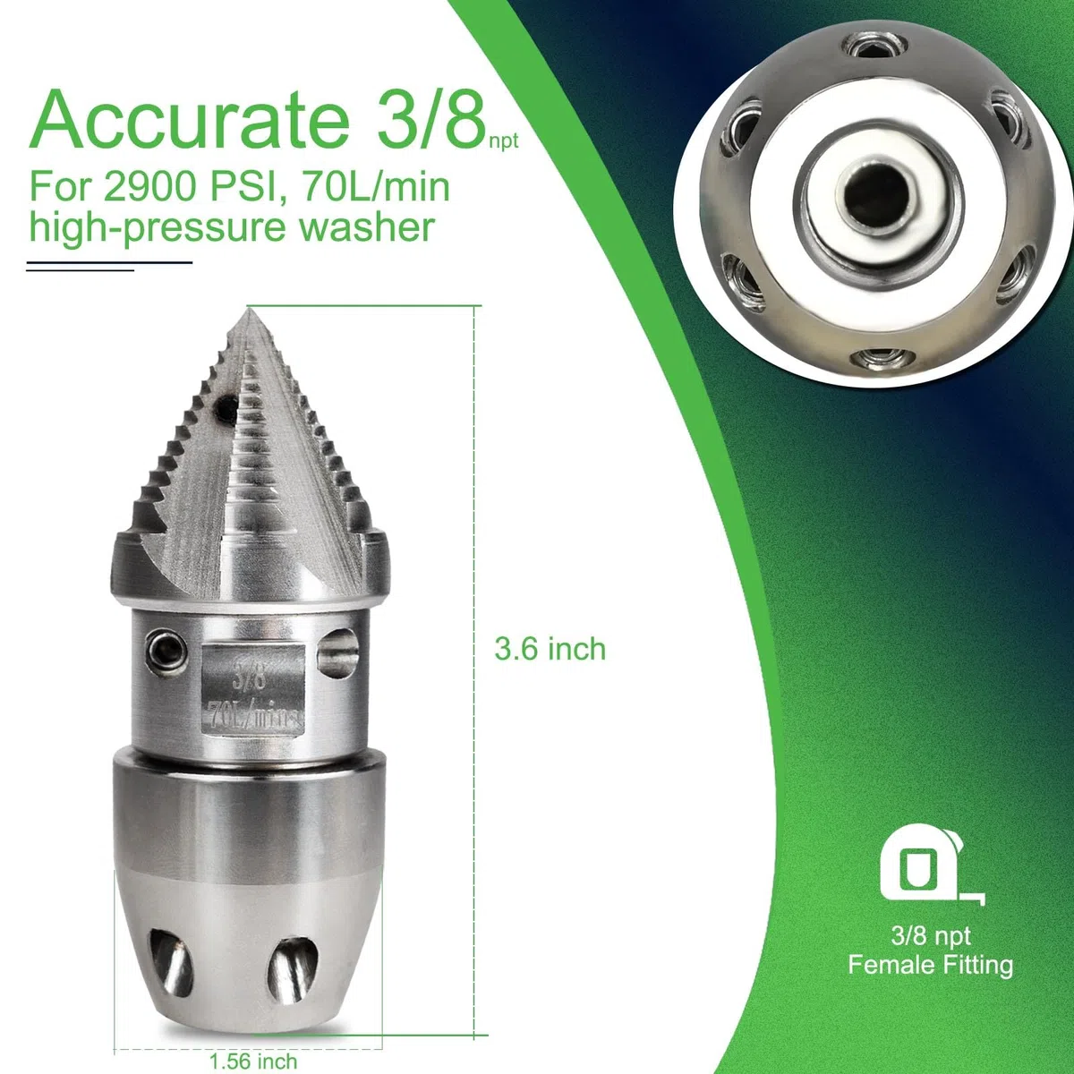 Boquilla de chorro de alcantarillado de 3/8 npt para lavadora a presión de 70 l/min, acero inoxidable, rotación rápida para limpieza de tuberías de drenaje municipal