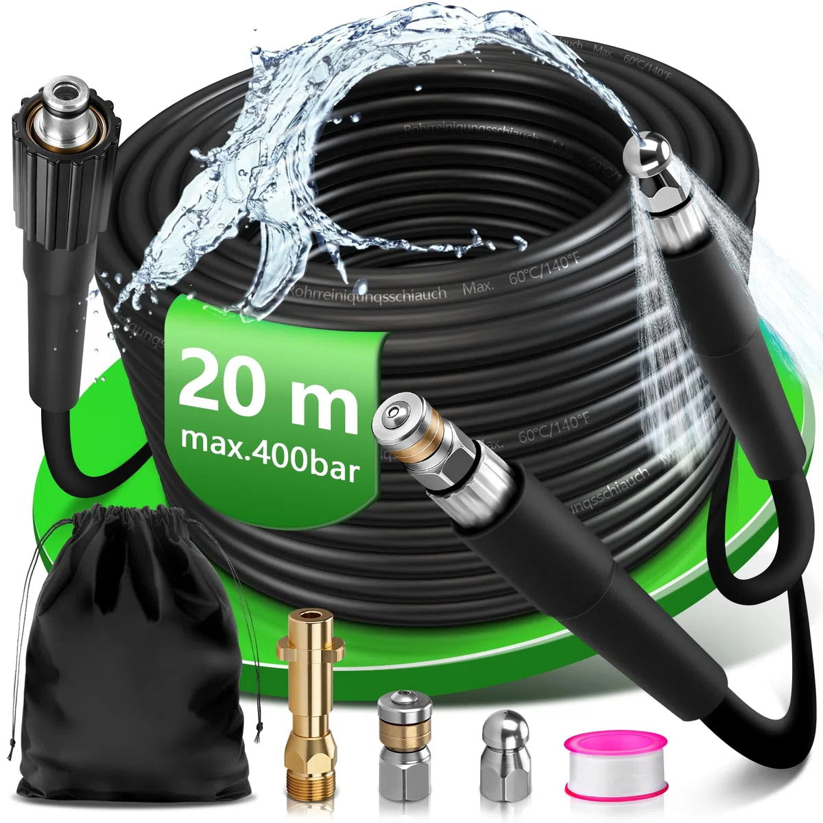 20m Manguera de limpieza de tuberías con adaptador M22, boquillas de latón rígidas + giratorias, 400 bar, adecuado con K2, K3, K4, K5, K6, K7, limpiador de desagüe, juego de limpieza de tuberías