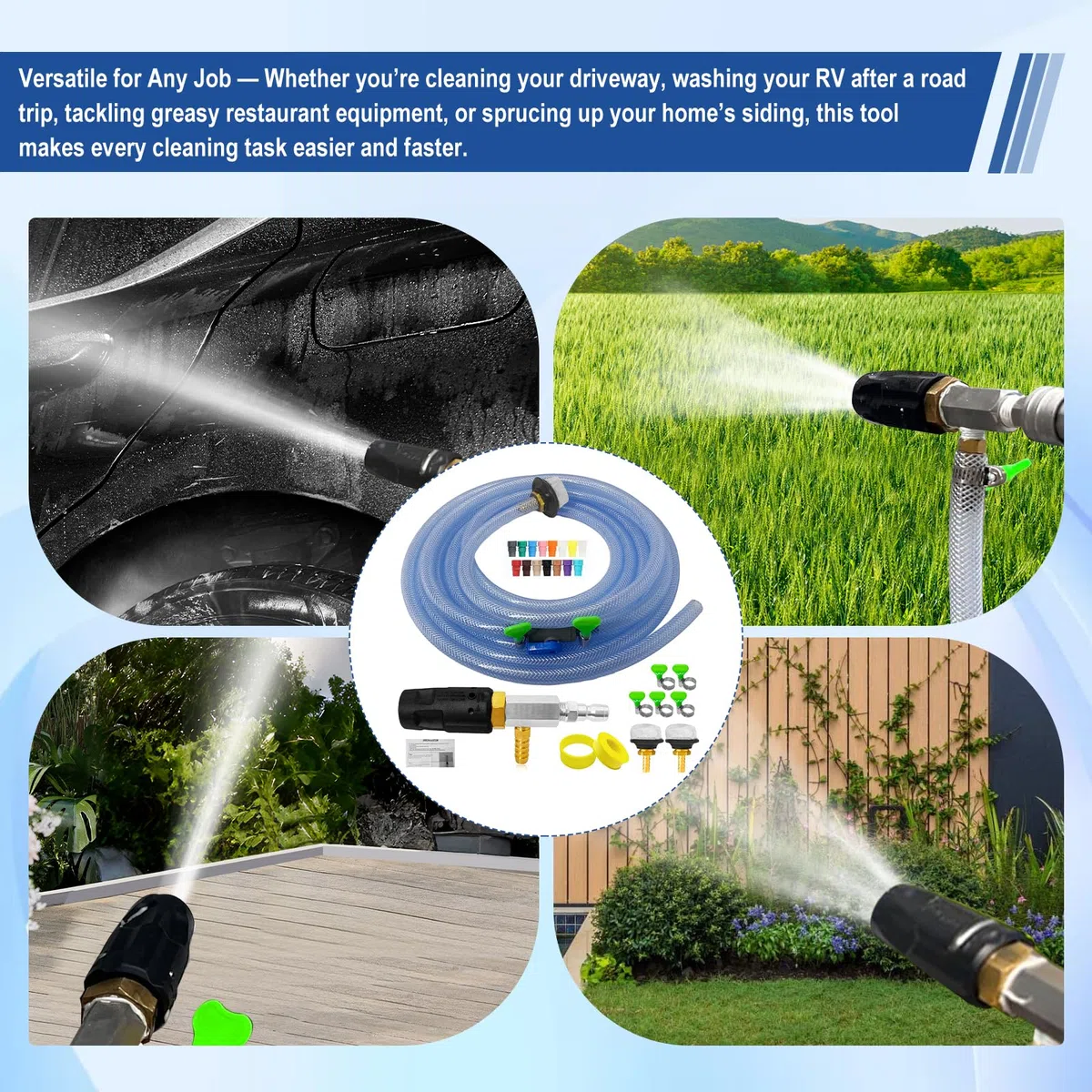 Kit de boquilla de inyección ajustable de largo alcance descendente de 2 a 2.5 GPM, boquilla de pulverización para lavadora a presión, boquilla de pulverización con conexión rápida de 1/4 pulgadas