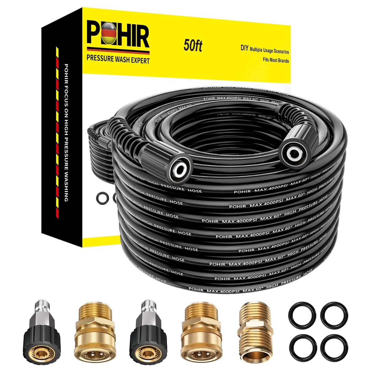 Manguera de lavado a presión de 50 pies con accesorio M22 14, manguera de repuesto resistente a torceduras de 1/4 pulgadas 4000 PSI, manguera de lavado de energía eléctrica con juego de conexión