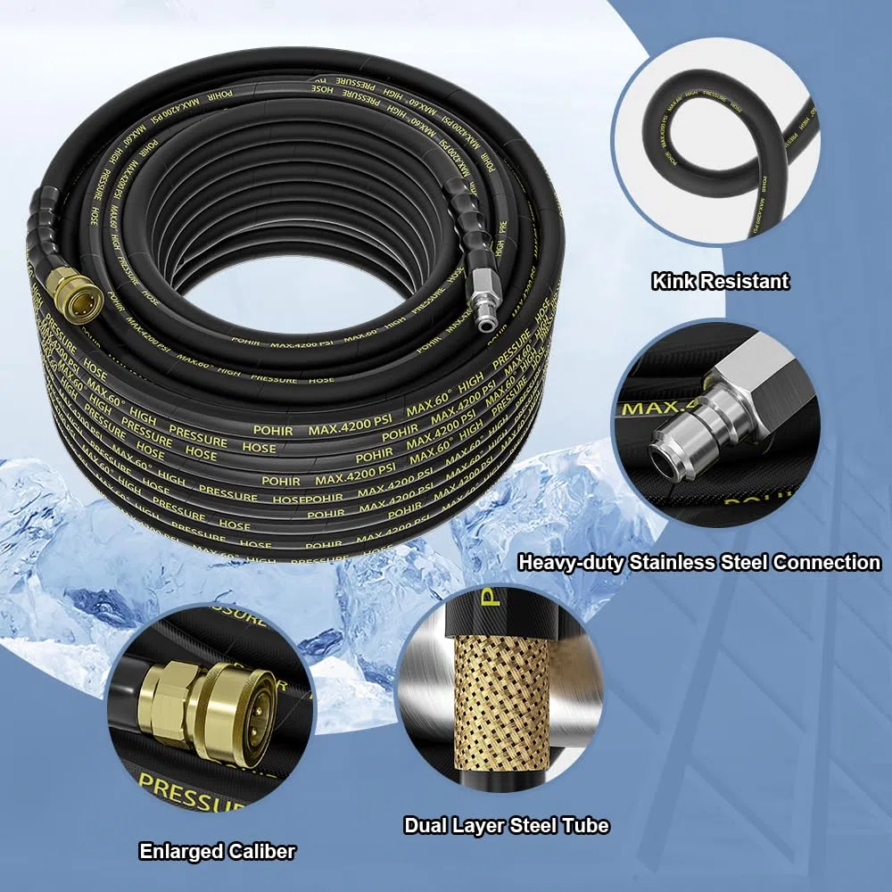 POHIR Manguera de lavado a presión de 50 pies con conexión rápida de 3/8 pulgadas, resistente a torceduras, alambre trenzado de alta resistencia, con 2 adaptadores M22 de 14 mm, manguera de lavado