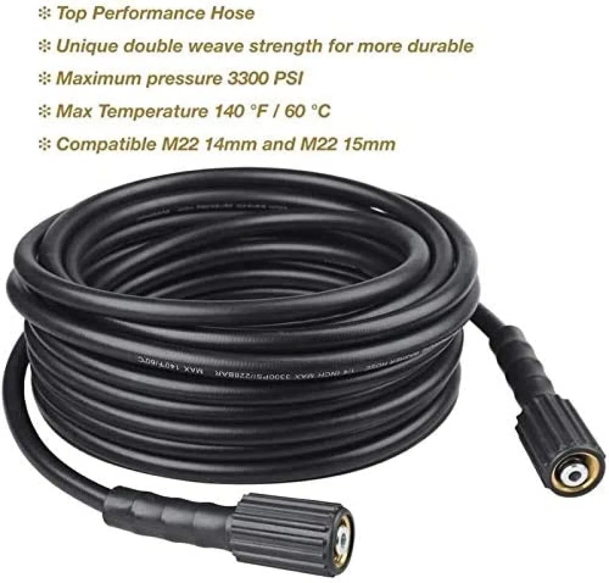 50 FTX 1/4 pulgadas, manguera de lavadora de alta presión 3300 PSI, M22 14 mm y M22 15 mm, manguera de repuesto para lavadora eléctrica