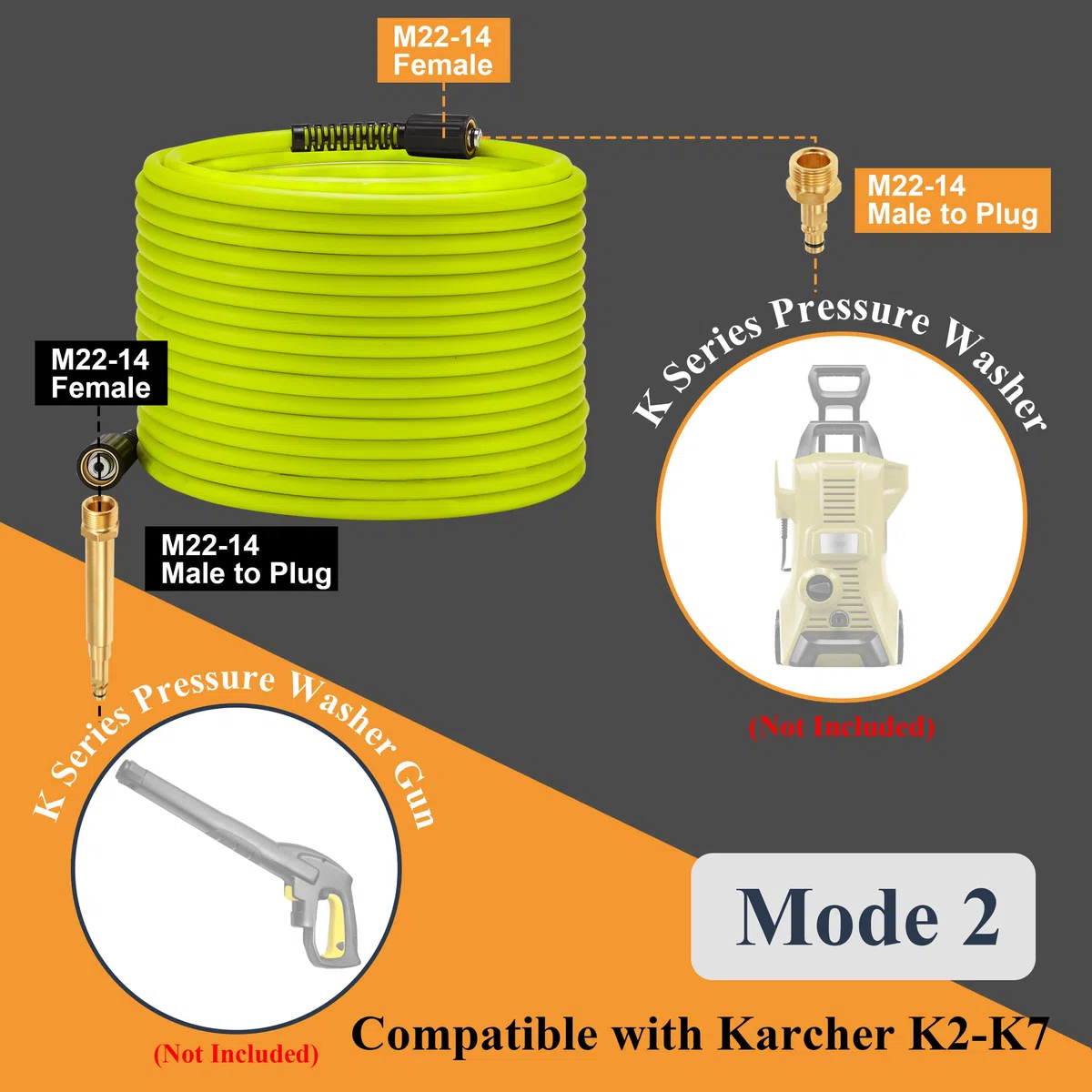 M MINGLE Manguera de lavado a presión de 50 pies x 1/4 pulgadas, resistente a torceduras, con rosca macho M22-14 a enchufe, compatible con Karcher K2 K3 K4 K5 K6 K7, 3600PSI