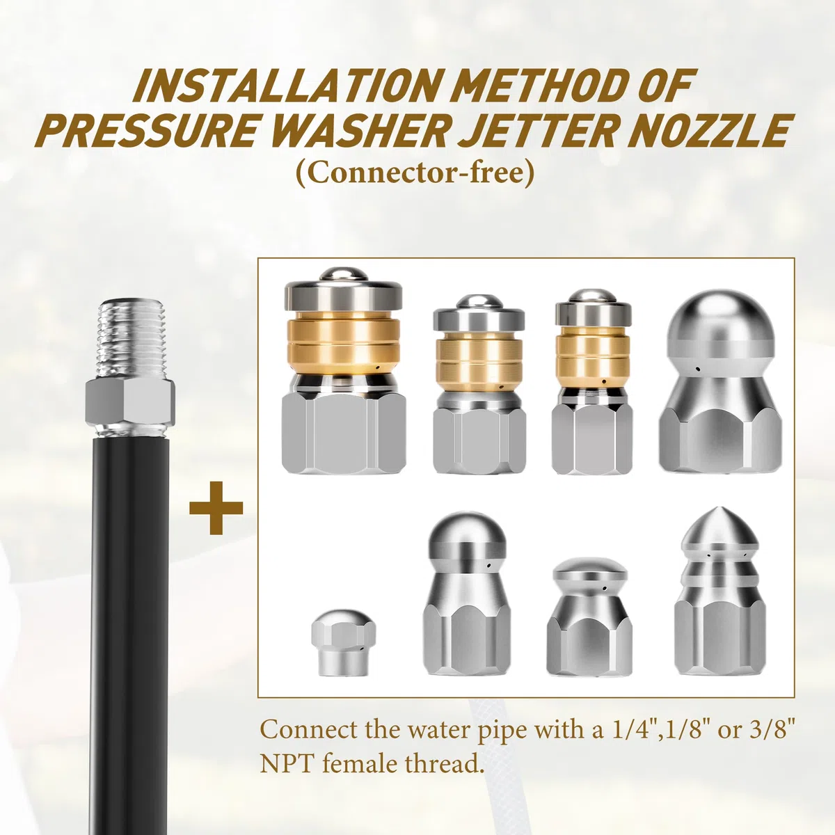Kit de 10 boquillas de chorro de alcantarillado de acero inoxidable para lavadora a presión, conectores rápidos NPT de 1/4 y 3/8 pulgadas, puntas de boquilla de limpieza de drenaje con 5 agujas de