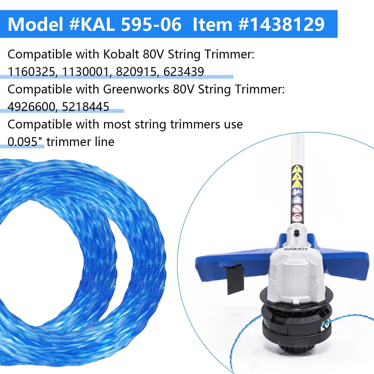 KAL 595-06 KSLA 59540-03 Línea de recortadora trenzada precortada de 0.08 pulgadas y 256.6 pies compatible con recortadora de cuerda Kobalt 80V: 1160325,1130001,820915,623439, Greenworks 80
