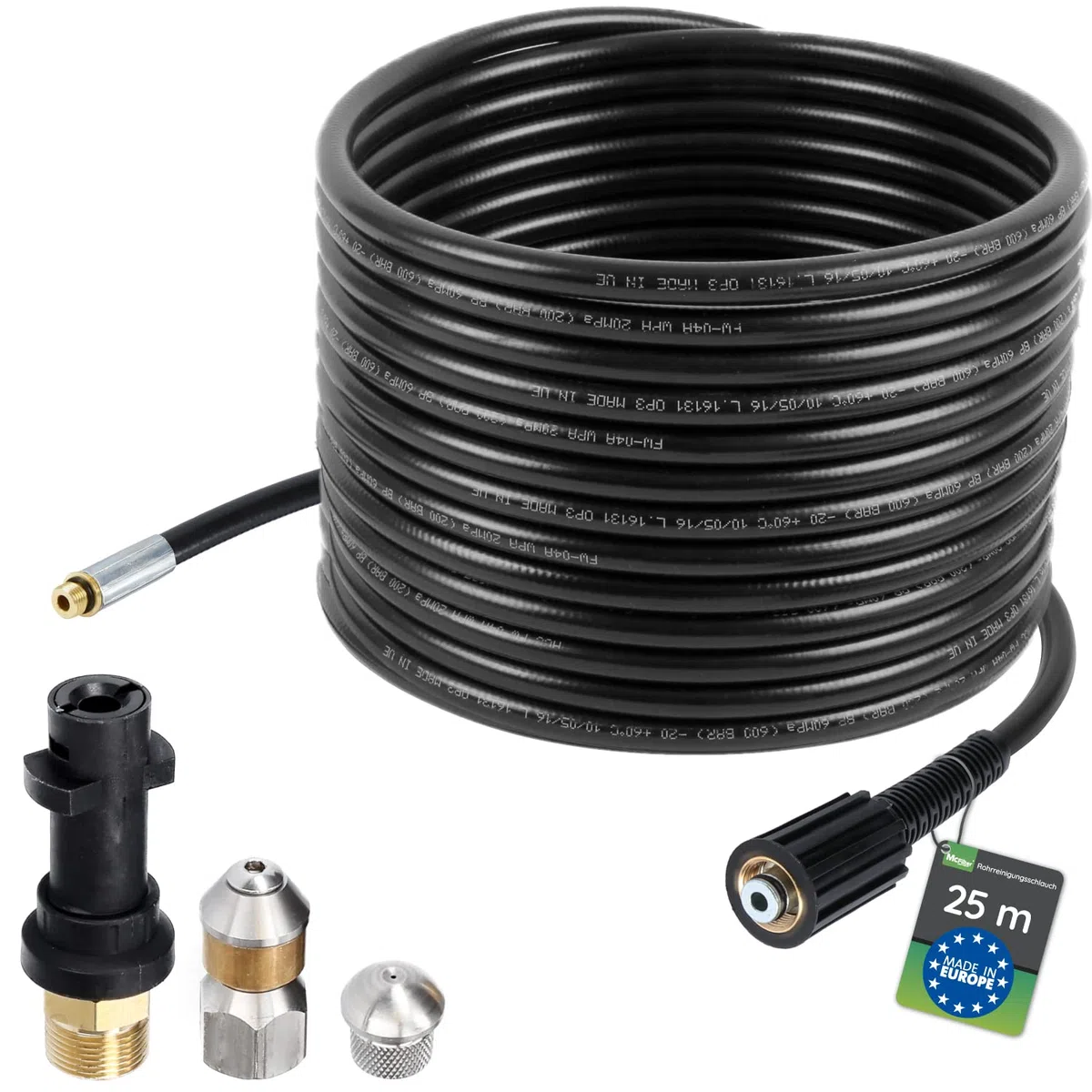 Manguera para limpieza de tuberías, 25m, 160-200 bar, incl. adaptador, boquillas rígidas + giratorias, compatible con las limpiadoras de alta presión Karcher K2, K3, K4, K5, K6, K7