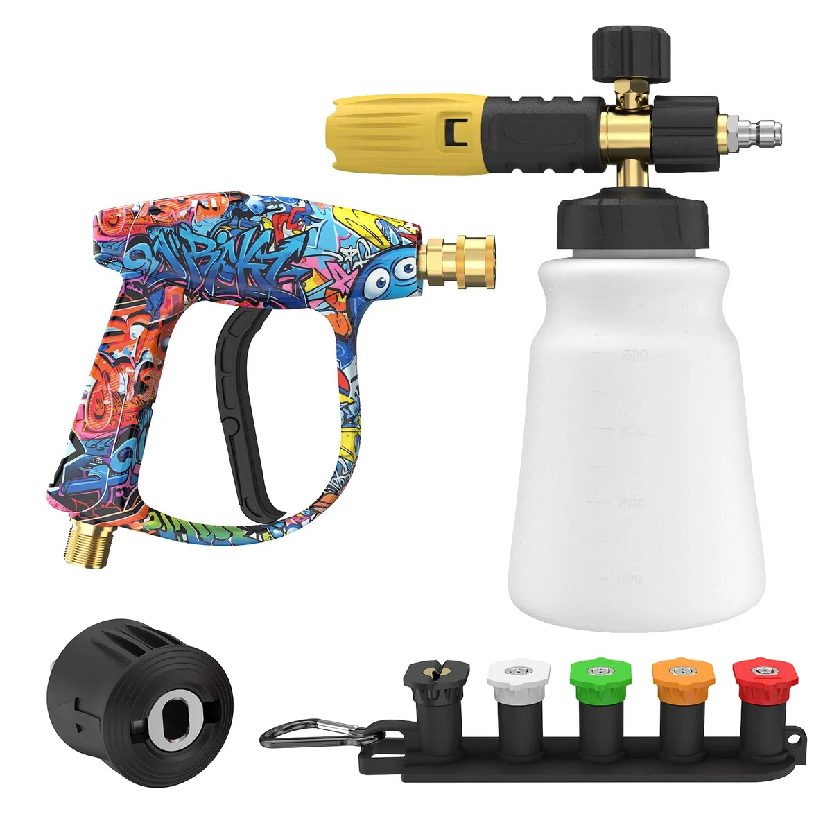 Set Pistola hidrolimpiadora, cañón Espuma 1L, acople rápido 1/4" | Cañón espuma 1L, caudal espuma regulable, 5 boquillas, 4000PSI, para Kärcher K2, K3, K4, K5, K6 y K7, para lavado de coches