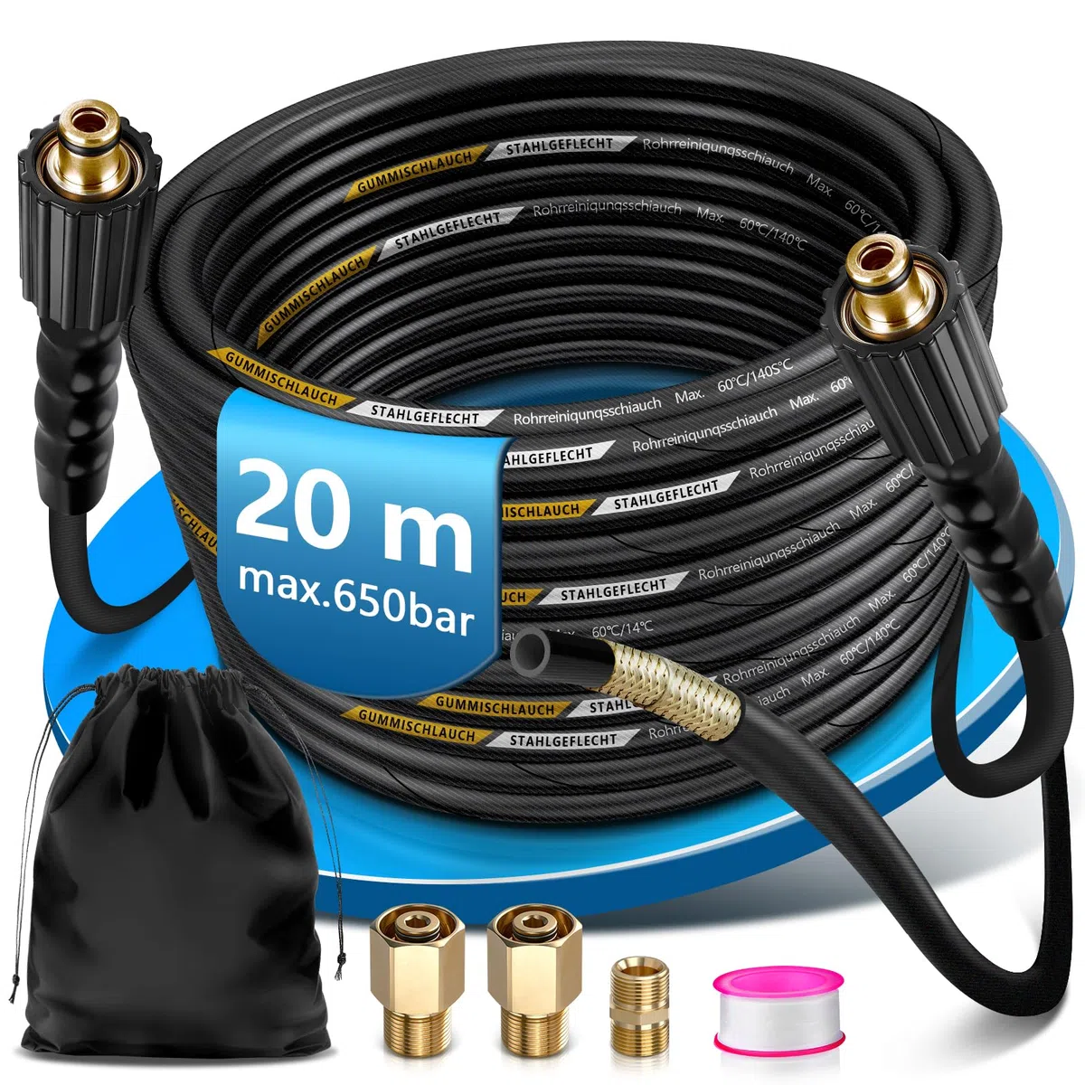 Juego de manguera para limpieza de tuberías (20 m, con 2 adaptadores HD)