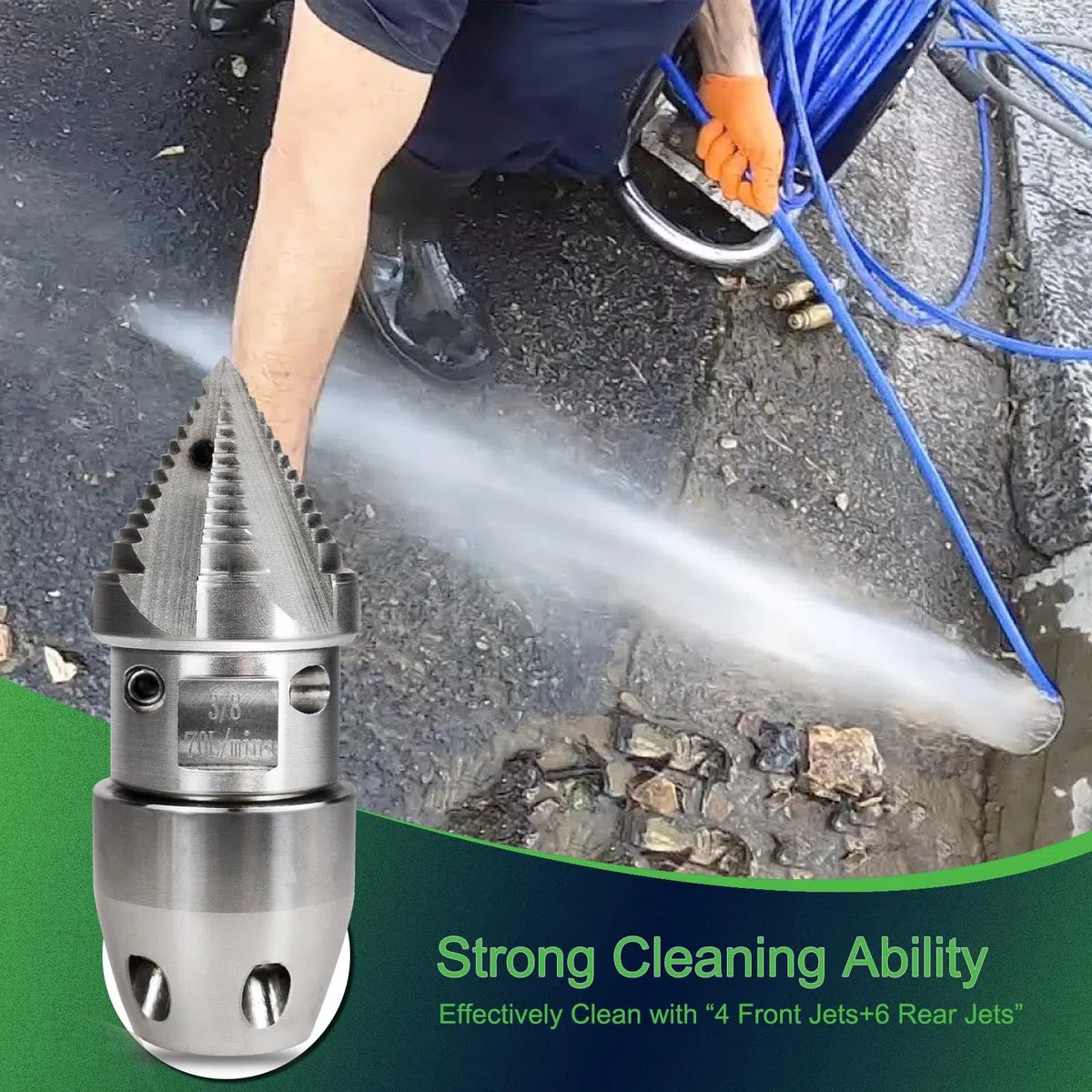 Boquilla de chorro de alcantarillado de 3/8 npt para lavadora a presión de 70 l/min, acero inoxidable, rotación rápida para limpieza de tuberías de drenaje municipal