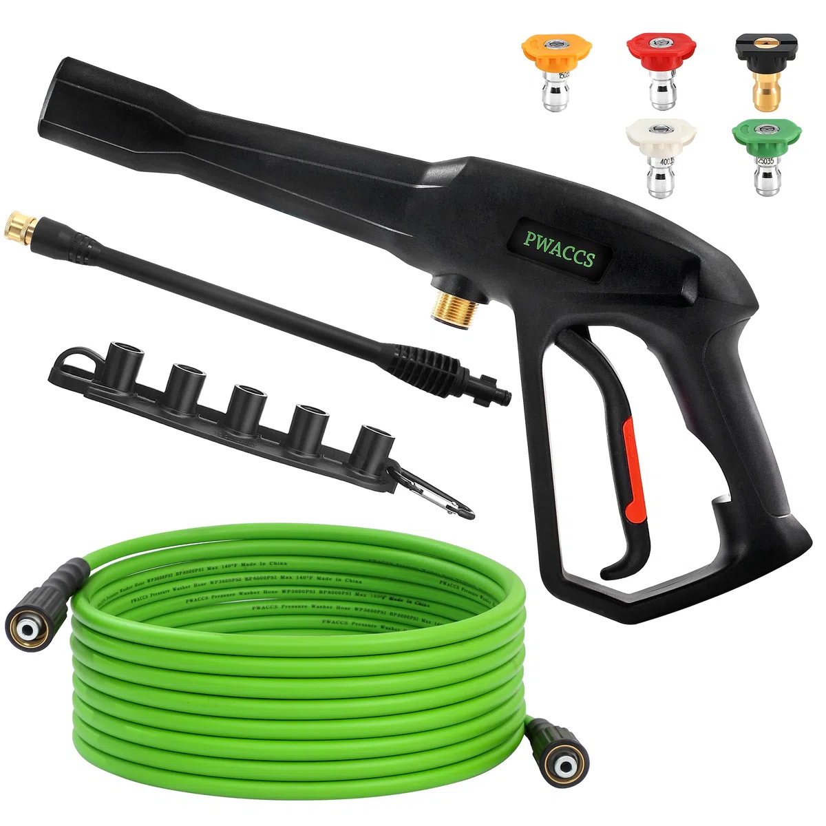 PWACCS Kit de pistola y manguera de lavado a presión, manguera de lavado a presión de 25 pies con lanza, compatible con Ryobi, Green Works & Karcher, 2000 PSI, 5 puntas de boquilla