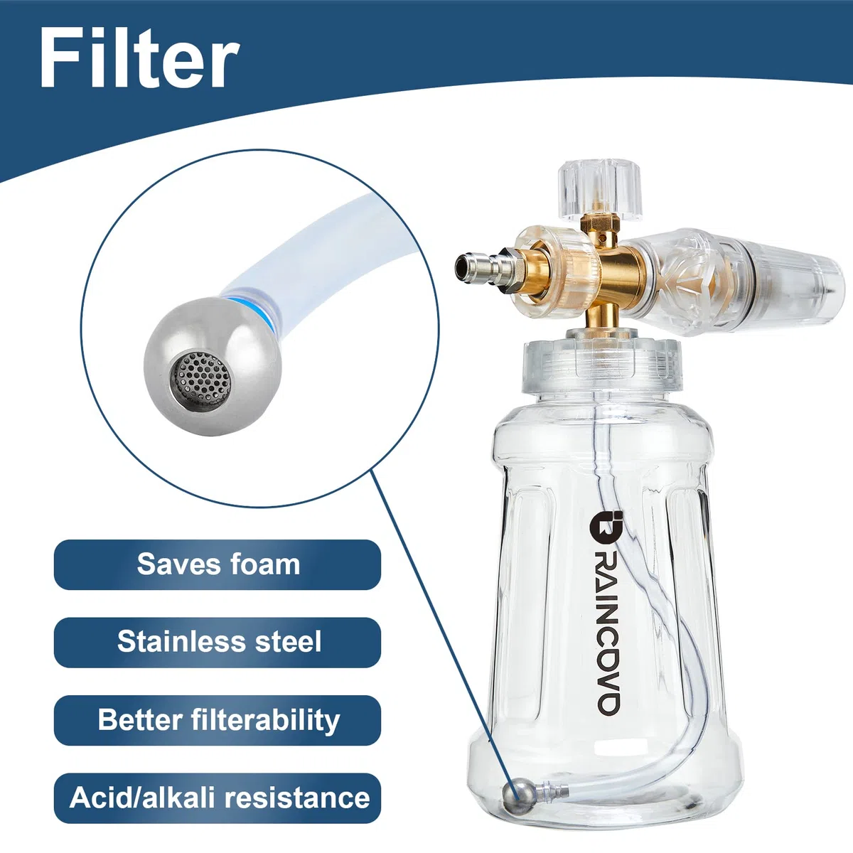 Raincovo Cañón de espuma para lavadora a presión, cañón de espuma transparente para lavado de coche, filtro de acero inoxidable, boquilla ajustable con conexión rápida M22 y 1/4 de pulgada, boquilla