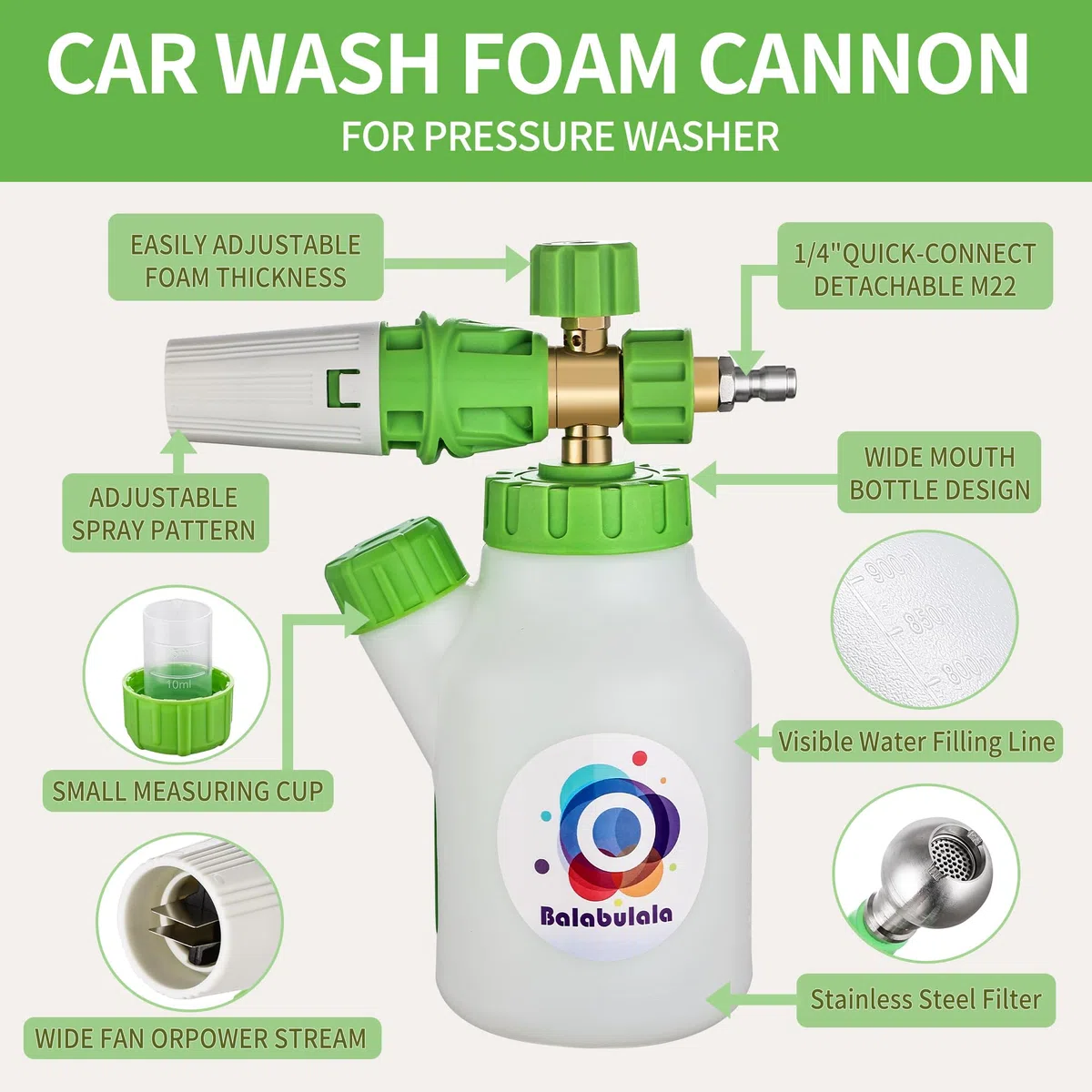 Cañón de espuma para lavadora a presión con conector doble, cañón de espuma Balabulala para coche con adaptador doble, M22 y conexión rápida de 1/4 pulgadas, 4200 PSI