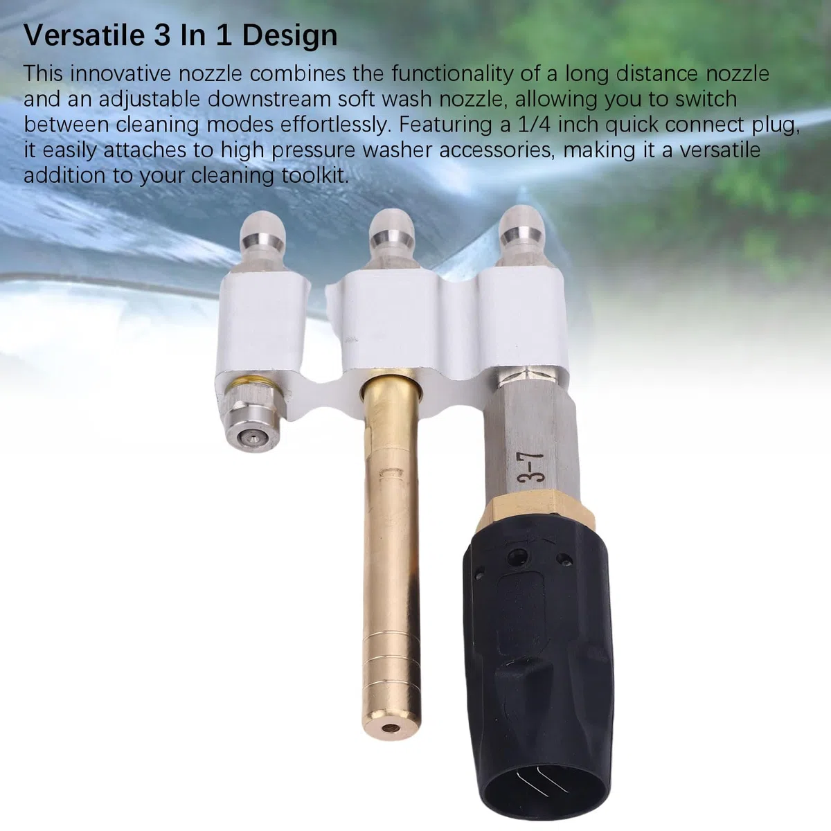 Boquilla de lavado suave aguas abajo con diseño 3 en 1, 1000-4050PSI, enchufe de conexión rápida de 1/4 pulgadas, función de boquilla de jabón de largo alcance ajustable