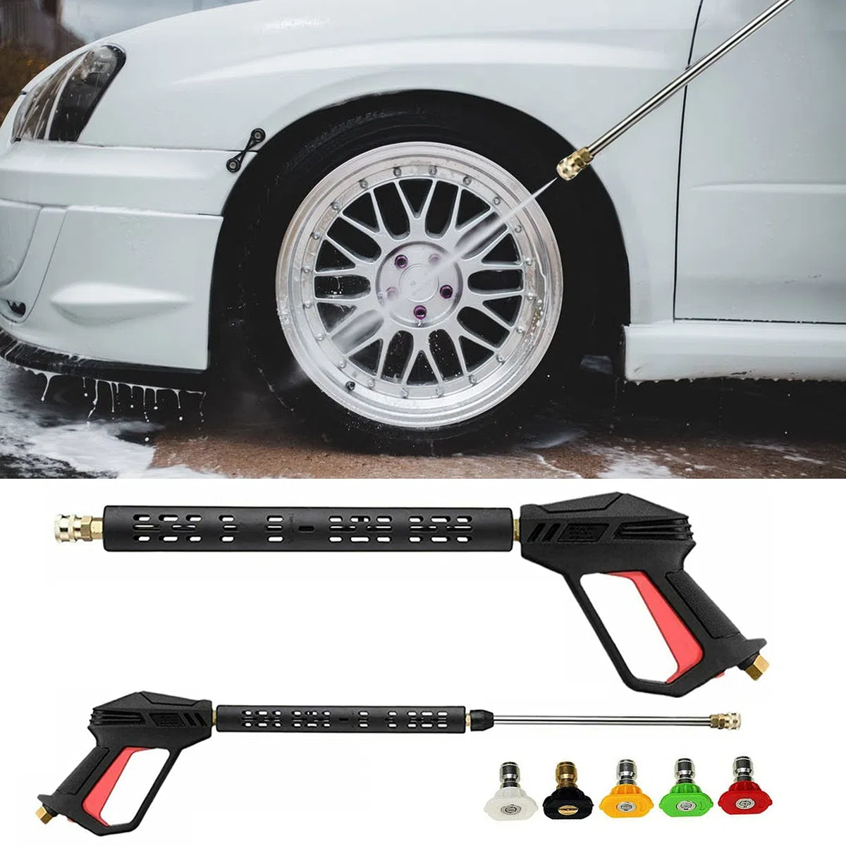 Kit de Rociador de Lavadora Alta Presión, Kit Limpieza Eficiente para Lavar Automóviles, Cercas o Techos, 5 Puntas Boquilla, Adaptadores Incluidos para Lavadora a Presión Eléctrica y Gas,