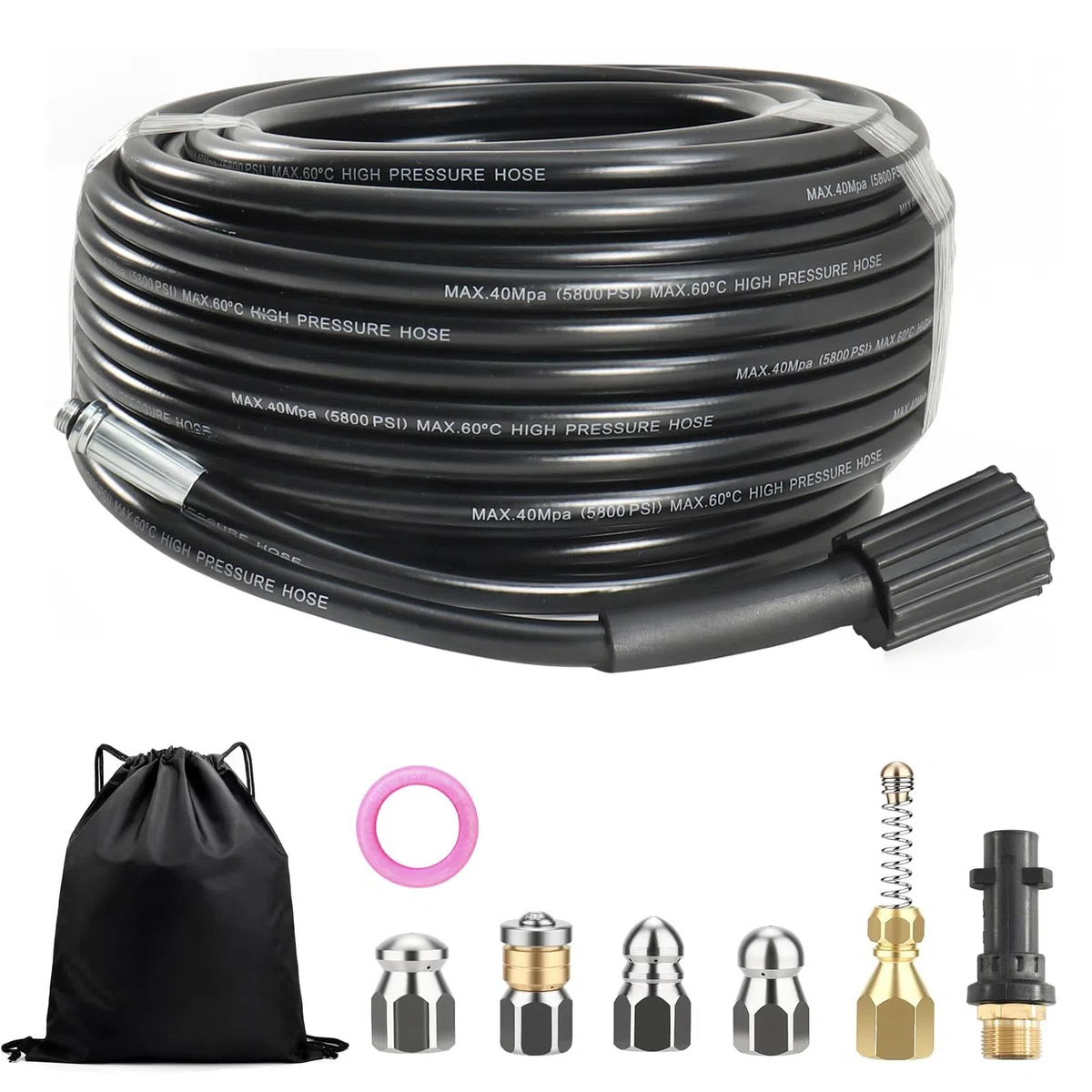 Desatascador Tuberias a Presion 30 m, Manguera de Limpieza de Tuberías 400 Bar/5800 PSI, Manguera Hidrolimpiadora con 5 Boquillas y Adaptador, Compatible con Karcher K2-K7