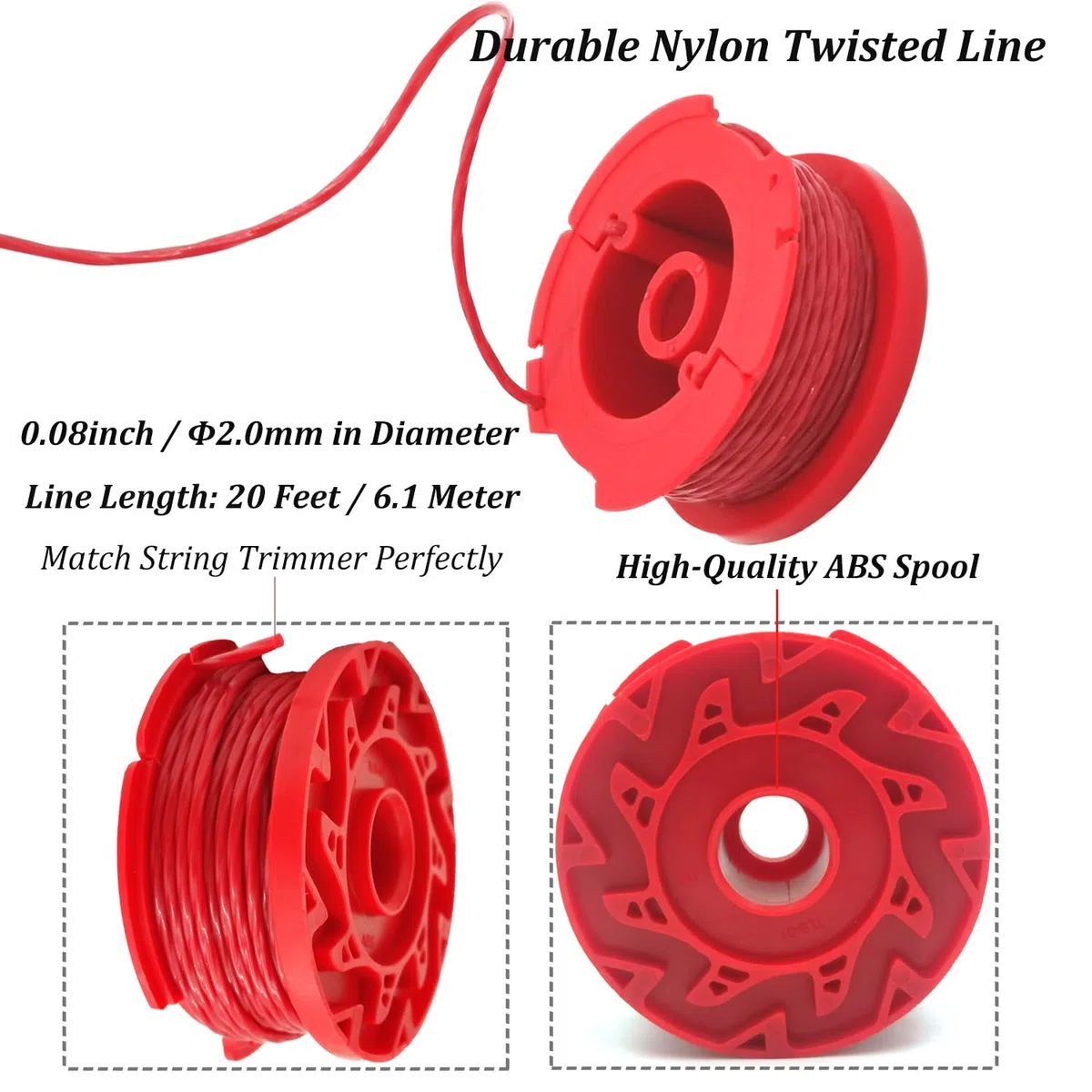 CMZST080 CMZST0803 - Línea de recortadora de hilo de 0.08 pulgadas, 20 pies, paquete de 6, compatible con CMCST910 Series Craftsman Weed Wacker String Trimmer Bobina de repuesto