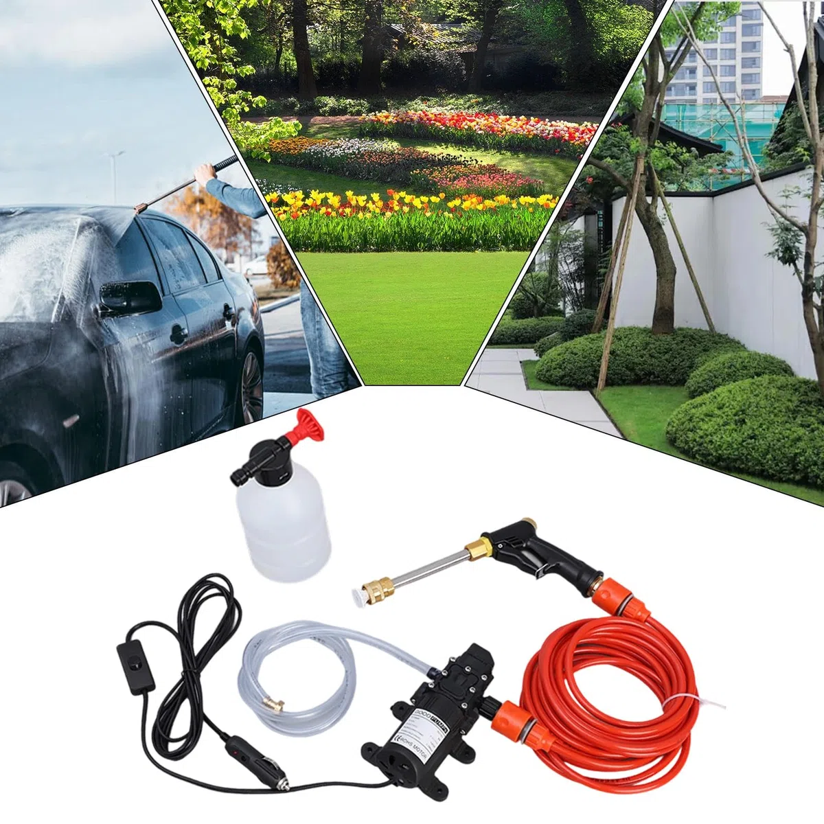 Hidrolimpiadora Portátil Con Manguera Y Pulverizador Eléctrico De Limpieza | Kit Lavado Coches 12V con Depósito Espuma Para camiones, coches, exteriores, patios, jardines, paredes, suelos, limpiez