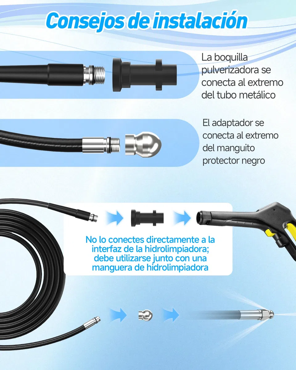 15m Desatascador Tuberias a Presion Limpieza -Fácil de Tomar en Las Curvas | Para Karcher K2-K7, Bosch AQT, Lavor, Manguera desatascador tuberias con 4 boquillas de chorro y 3 adaptadore