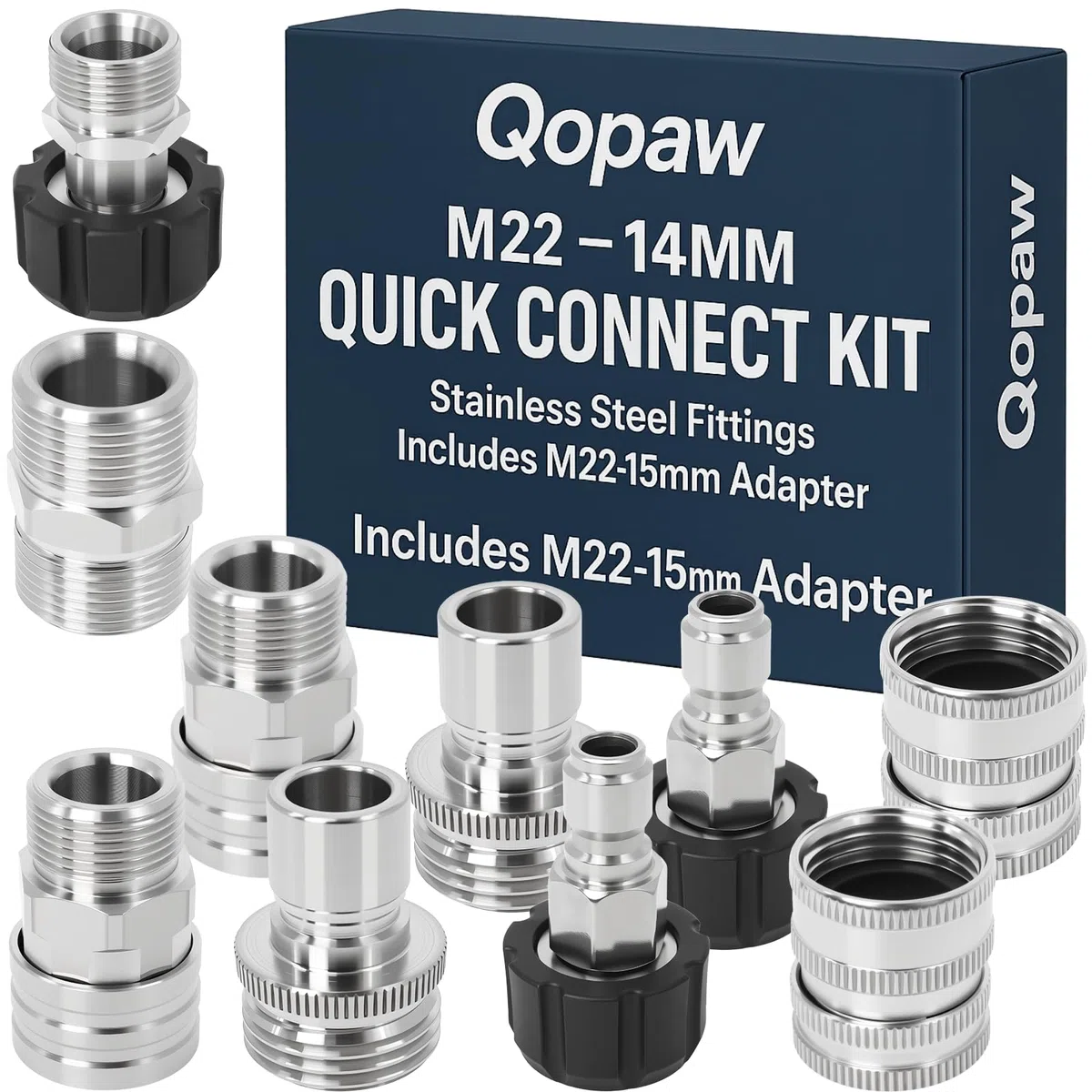 Kit de adaptadores para lavadora a presión, juego de 10 piezas de conexión rápida de acero inoxidable, M22-14 mm giratorio a enchufe de 3/8 pulgadas, adaptador hembra M22-15 mm a macho M22-14 mm