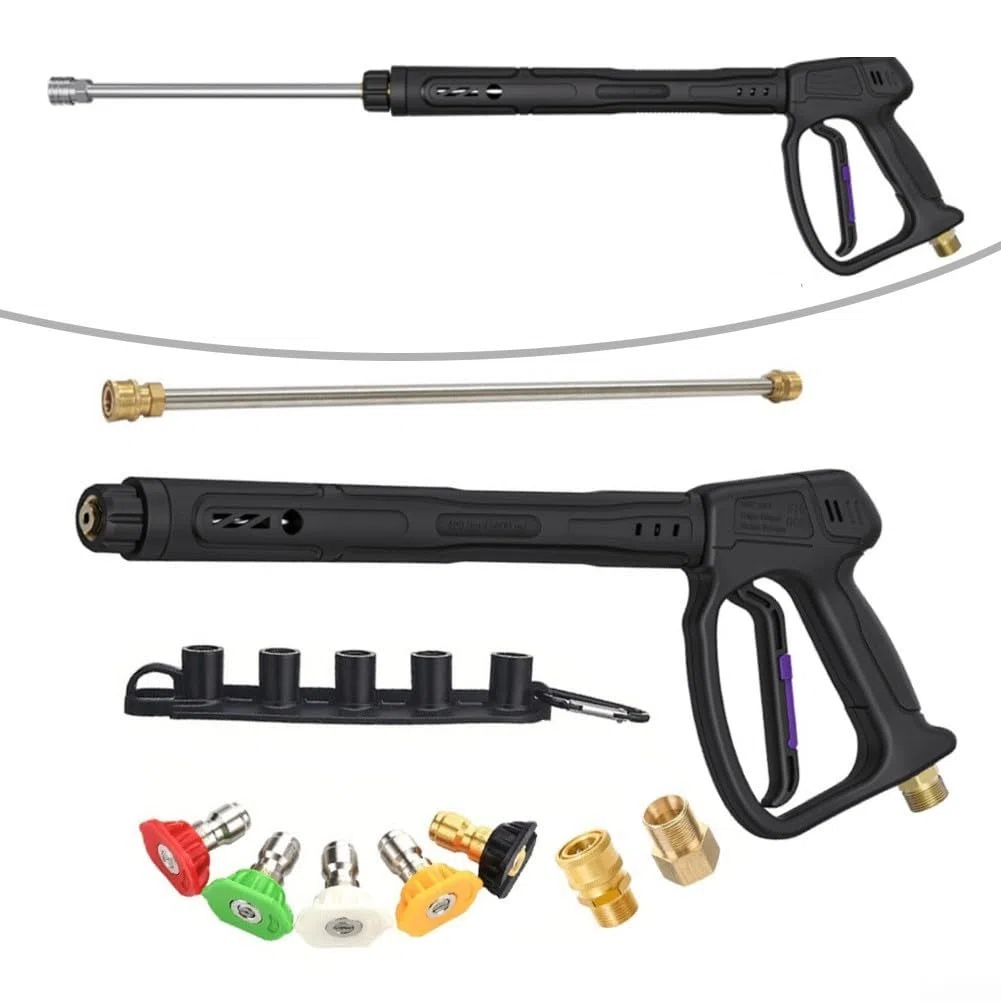 Pistola de limpieza de alta presión con giratorio, kit de lanza de pulverización de acero inoxidable, extensión ajustable y juego, surtido de boquillas de cinco colores, agua de ajuste de latón, para