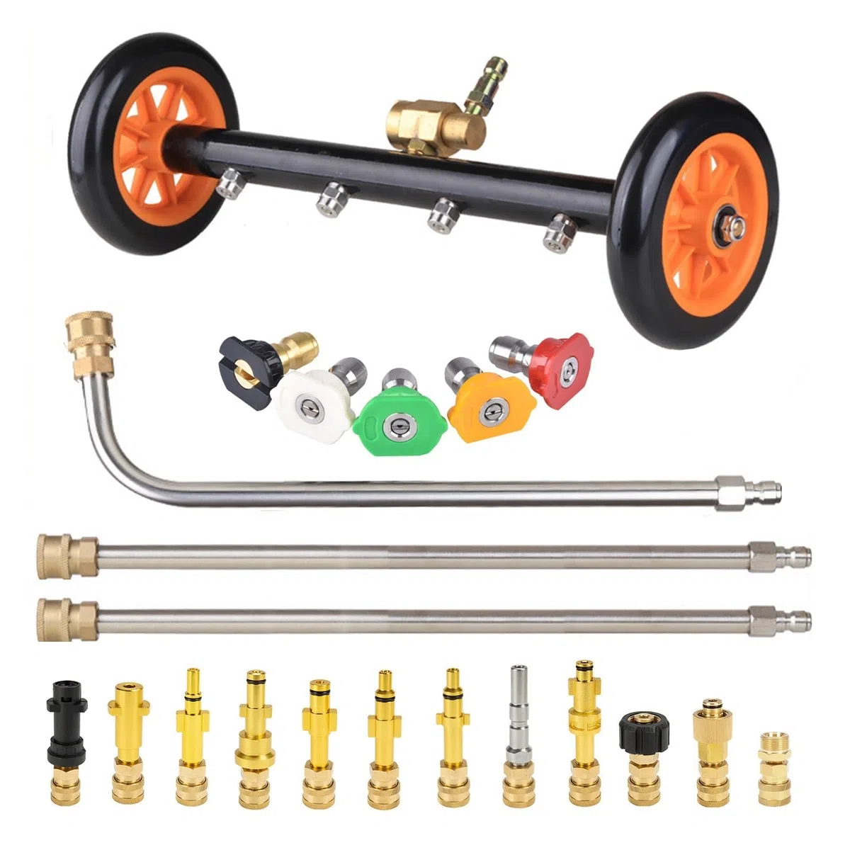 Limpiador de superficies bajos vehículos con hidrolimpiadora 16", cepillo agua, lavado suelos del chasis, conector rápido 1/4"(Orange)
