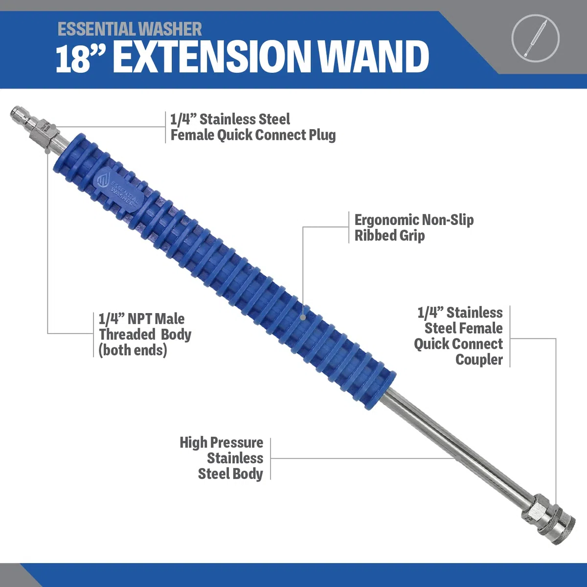 Essential Washer Varita de extensión para Lavadora a presión de 18 Pulgadas, Varita de Acero Inoxidable con Agarre Moldeado, Repuesto de Varita de Lavadora a presión Corta, Enchufe y acoplador de