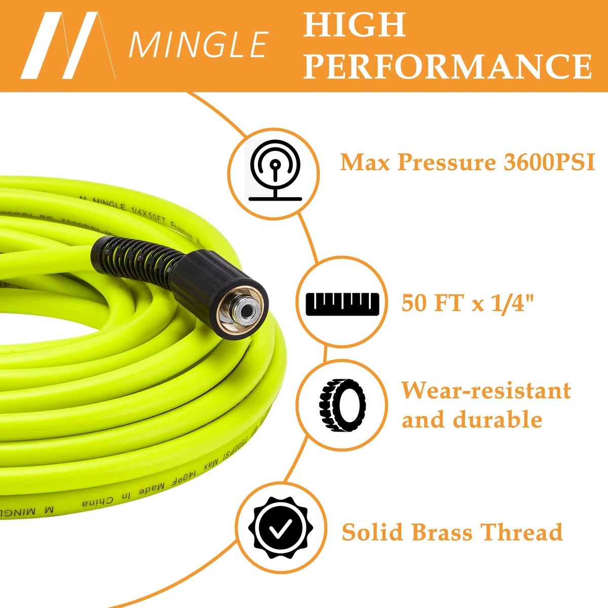 M MINGLE Manguera de lavado a presión de 50 pies x 1/4 pulgadas, resistente a torceduras, con rosca macho M22-14 a enchufe, compatible con Karcher K2 K3 K4 K5 K6 K7, 3600PSI