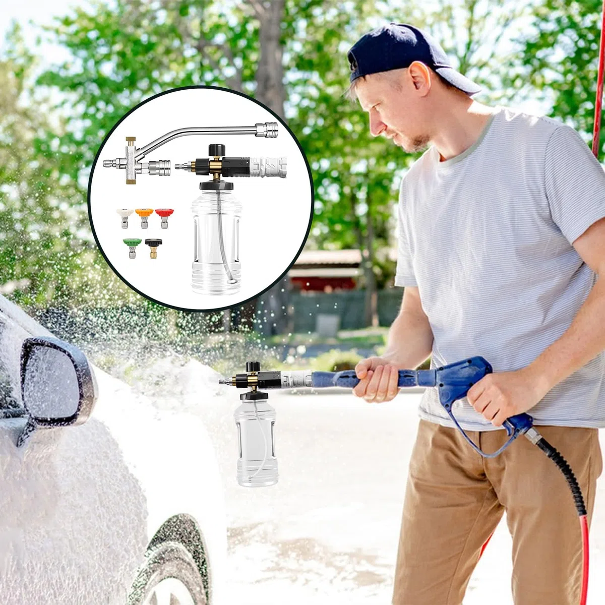 Pistola De Lavado De Coches Portátil Pistola De Espuma Con Manguera | Lanza De Limpieza Con Boquilla De Alta Presión Y Modos Ajustables Para Camión, , Moto Y Barca