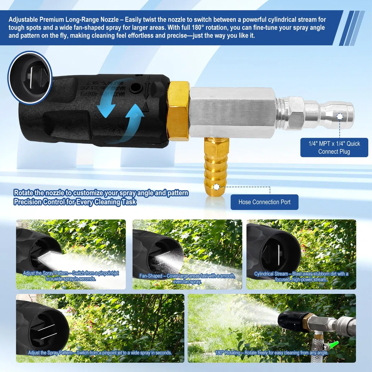 Kit de boquilla de inyección ajustable de largo alcance descendente de 2 a 2.5 GPM, boquilla de pulverización para lavadora a presión, boquilla de pulverización con conexión rápida de 1/4 pulgadas