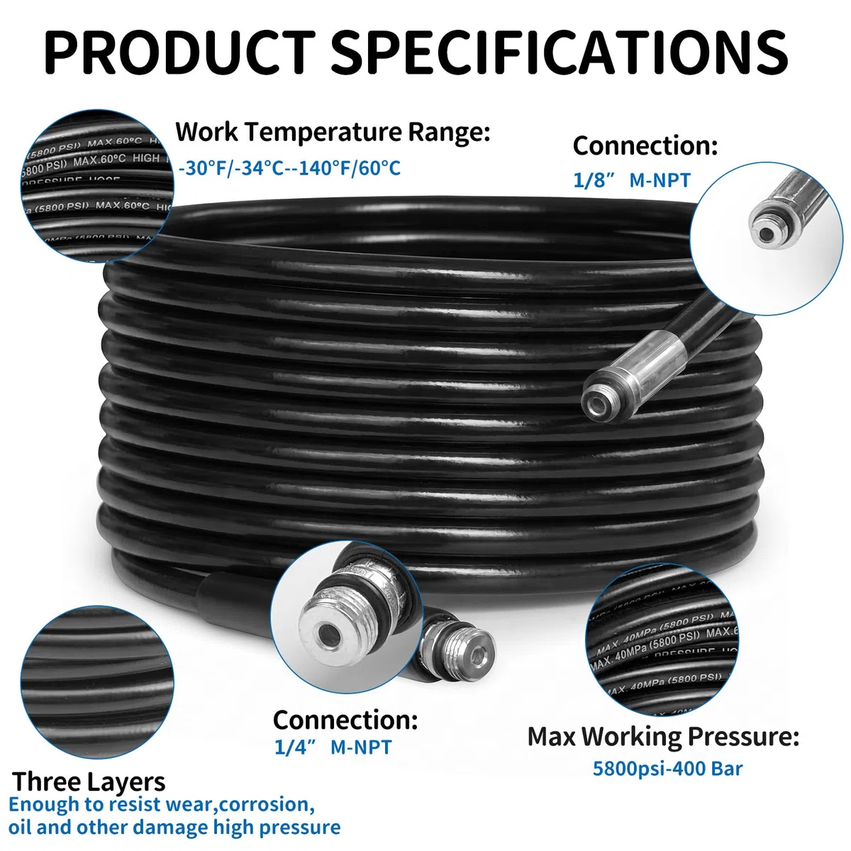 Kit de limpieza de manguera de alta presión de 20 m, 3000 PSI/180 bar, kit de limpieza de manguera de alcantarillado para Karcher K2-K7 Series y Bosch AQT para uso doméstico, color negro