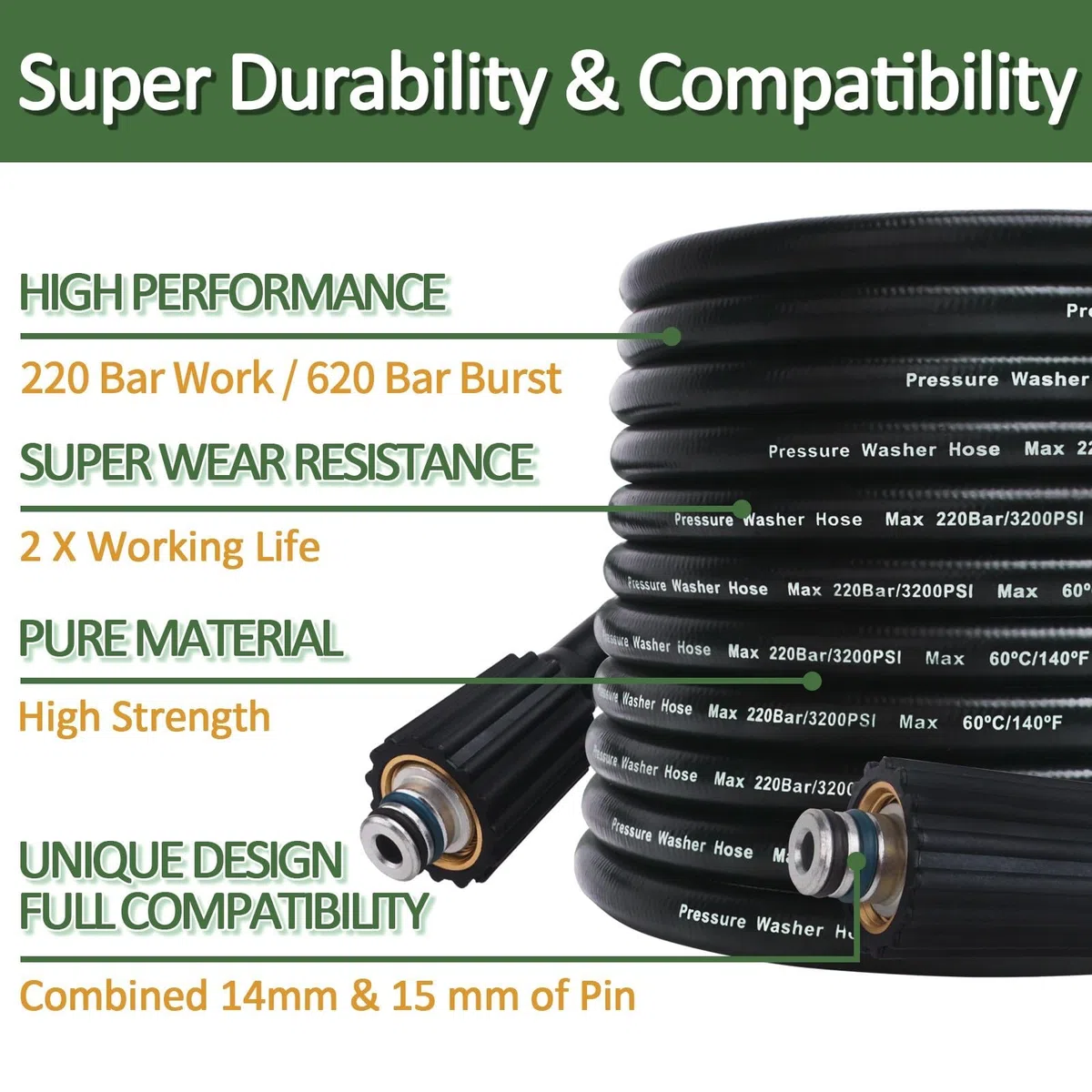 Genérico Compatible con Karcher, Compatible con Elitech, Manguera de extensión de Lavadora de Alta presión M22-Pin 14/15, Manguera de Cable de Tubo de Limpieza de Agua(Extension Hose 10m)