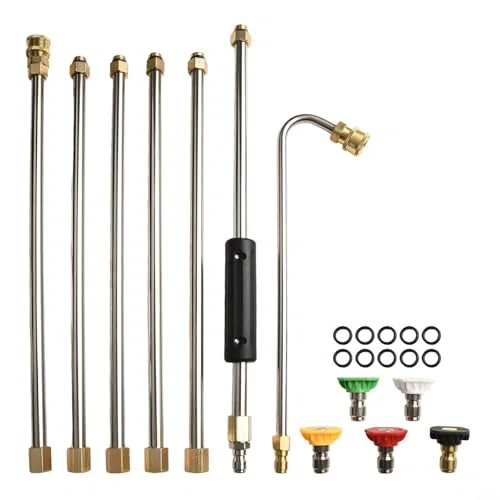 Kit de varita de extensión de limpieza de canalones con 5 boquillas para lavadora a presión, lanza de pulverización de alta potencia de 4000 PSI, juego de limpiador de techo de barra curvada