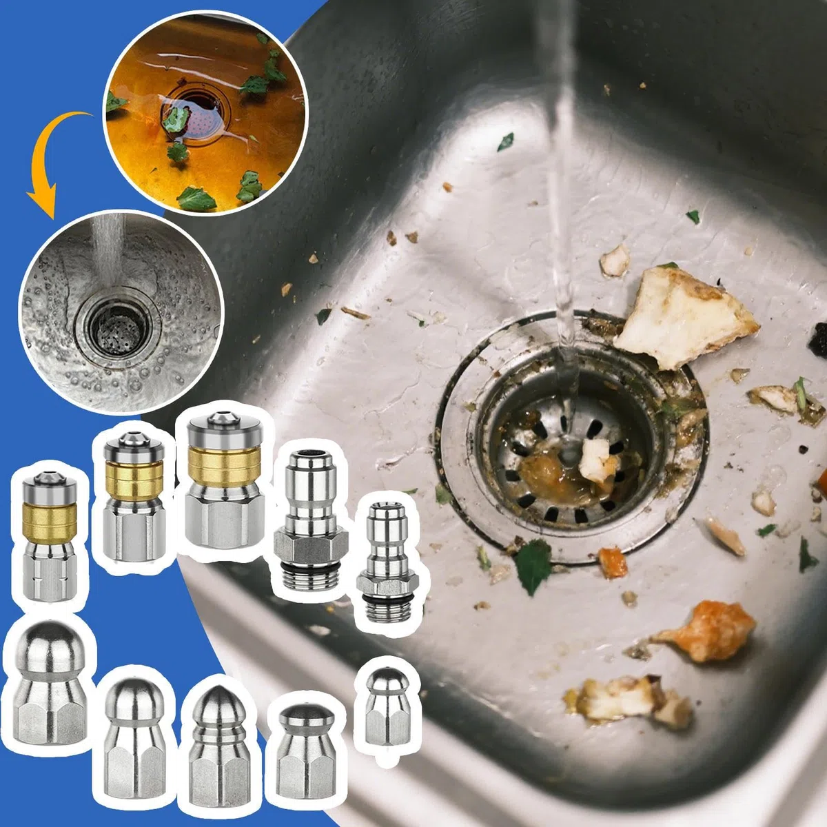 Boquilla Limpiadora de Alcantarillado con Puntas y Conectores | Kit de 10 boquillas desatascadoras para chorreadora de alcantarillado para Baño, Hogar, Cocina, Garaje, Parking y Suelos