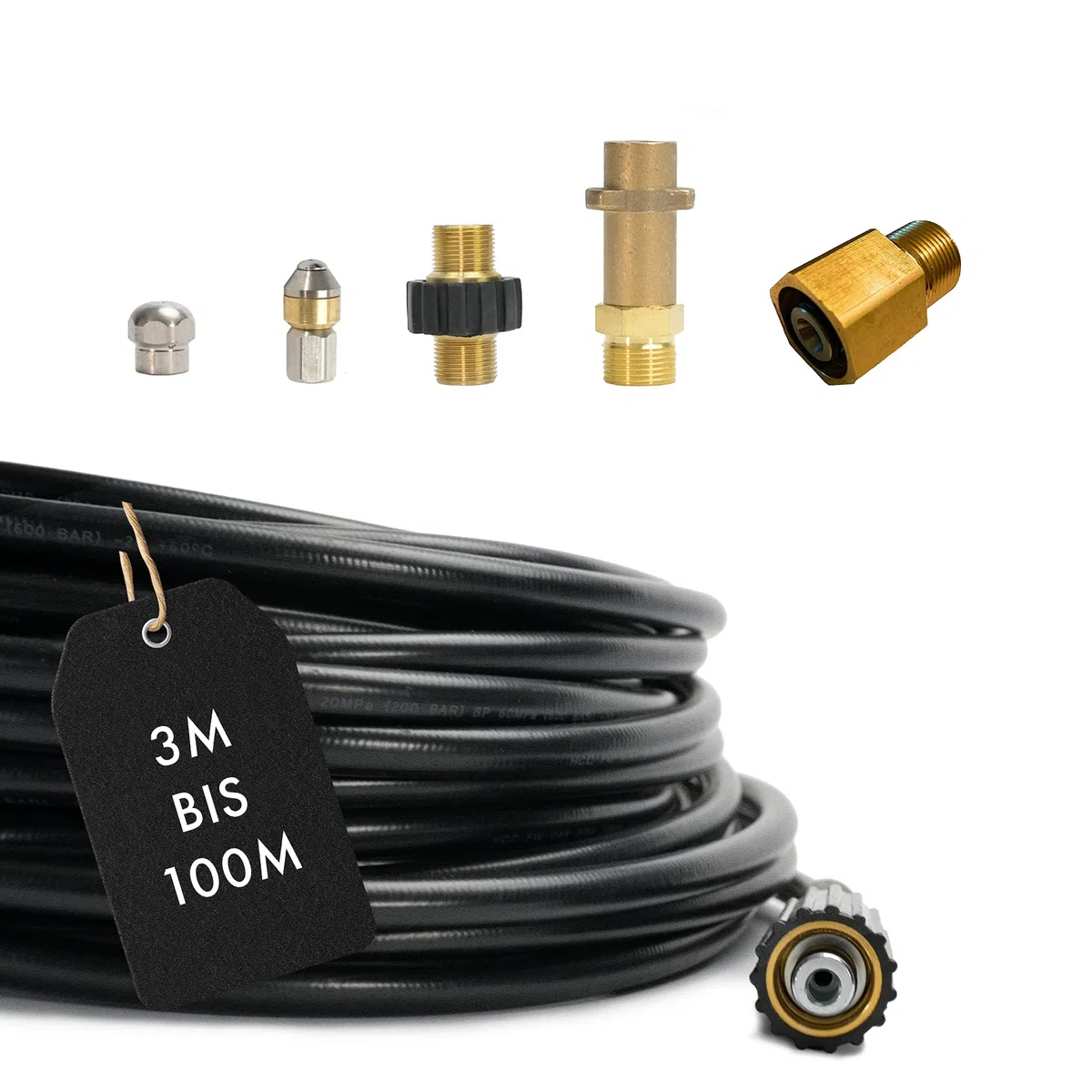 M&M Smartek manguera desatascadora 3 m, kit 6 piezas, para Kärcher/Kränzle | Kit desatascador con manguera, adaptadores y boquillas según variante; comprobar conexiones, presión, contenido y equipo.