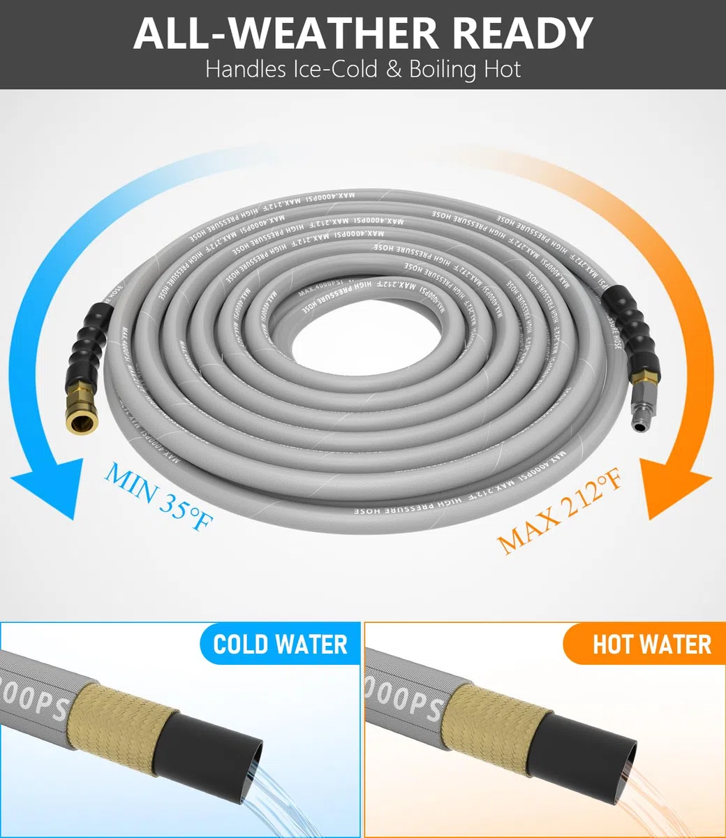 Manguera de lavado a presión de 200 pies, 4000 PSI, capa trenzada de acero resistente a las torceduras y goma que no deja marcas para agua caliente/fría, manguera de lavado de alta potencia