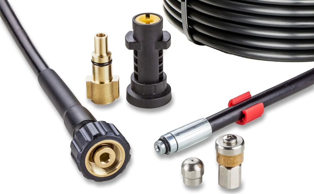 Desatascador de Tuberias para Hidrolimpiadora 30m, 200 Bares - Manguera de Limpieza Compatible con Karcher, Parkside, Lavor, Bosch Professional - Boquilla Fija, Boquilla Giratoria Knofer