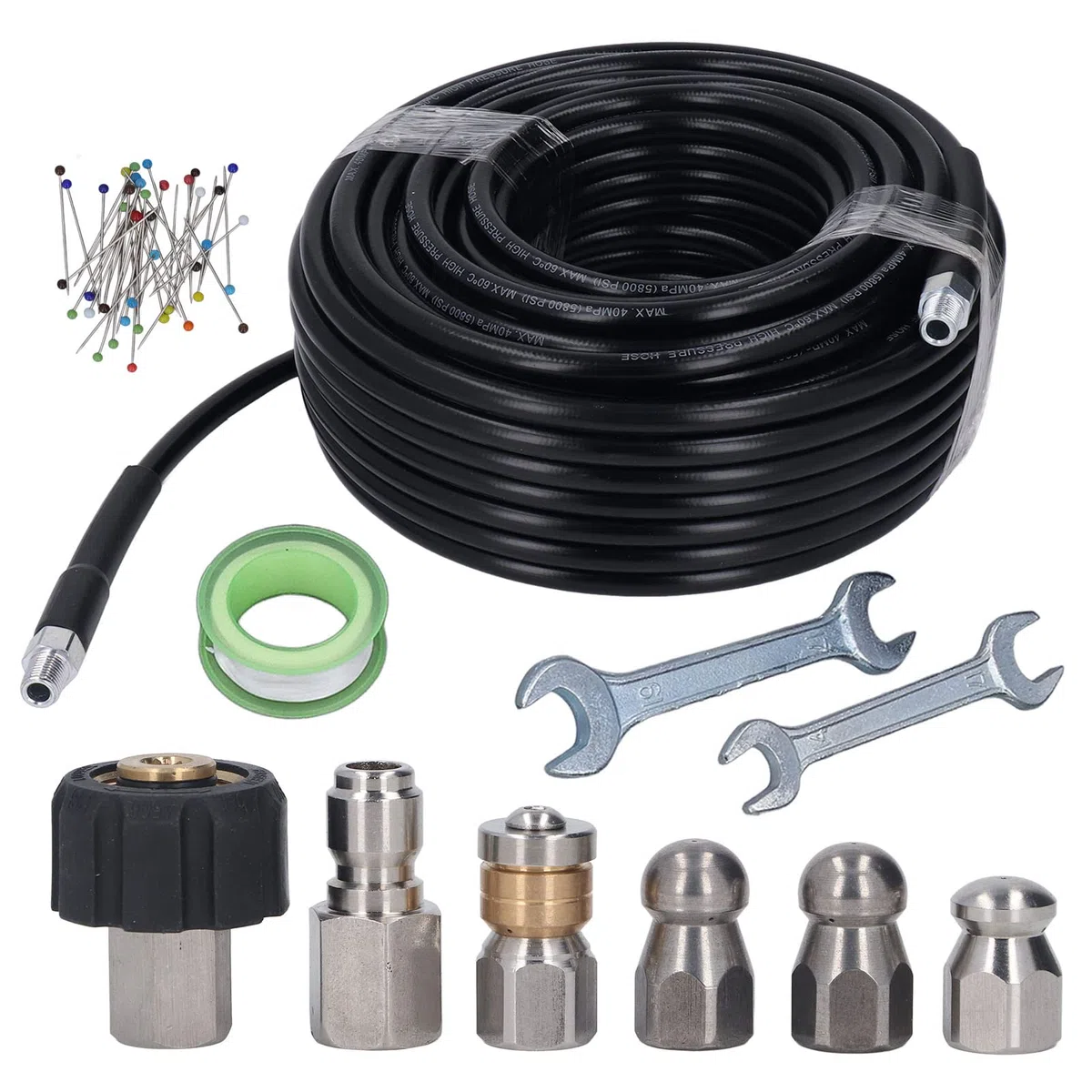Kit de Hidrolimpiadora para Desagües 30m Manguera Limpiadora 5800PSI /4 Pulgada NPT Accesorios de Alta Presión con Llaves