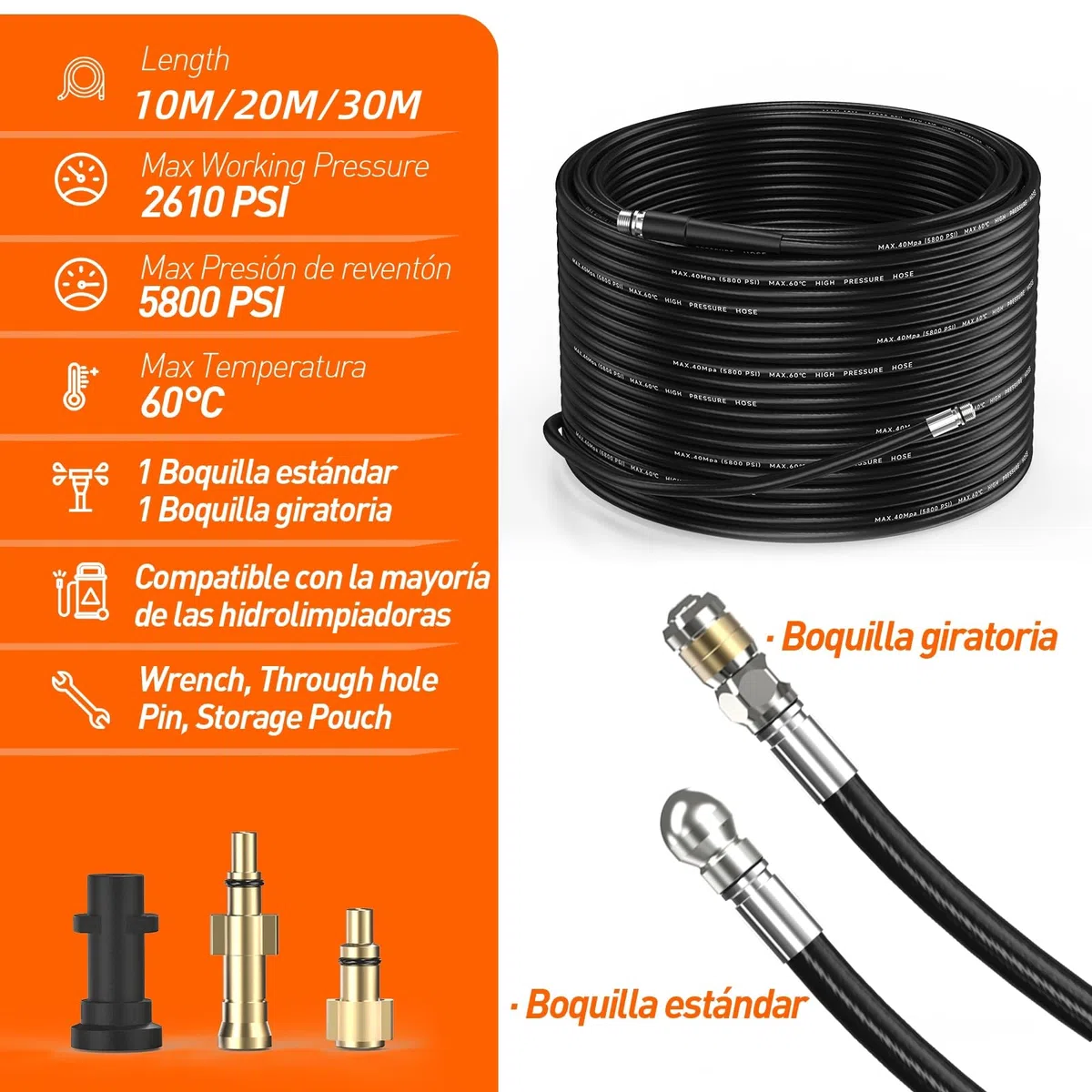 30M kit Manguera a Presion para Desatascos | Conector de 1/8 de pulgada Manguera de Limpieza de Tuberías para Karcher K2-K7 & Bosch AQT & Lavor Hidrolavadora