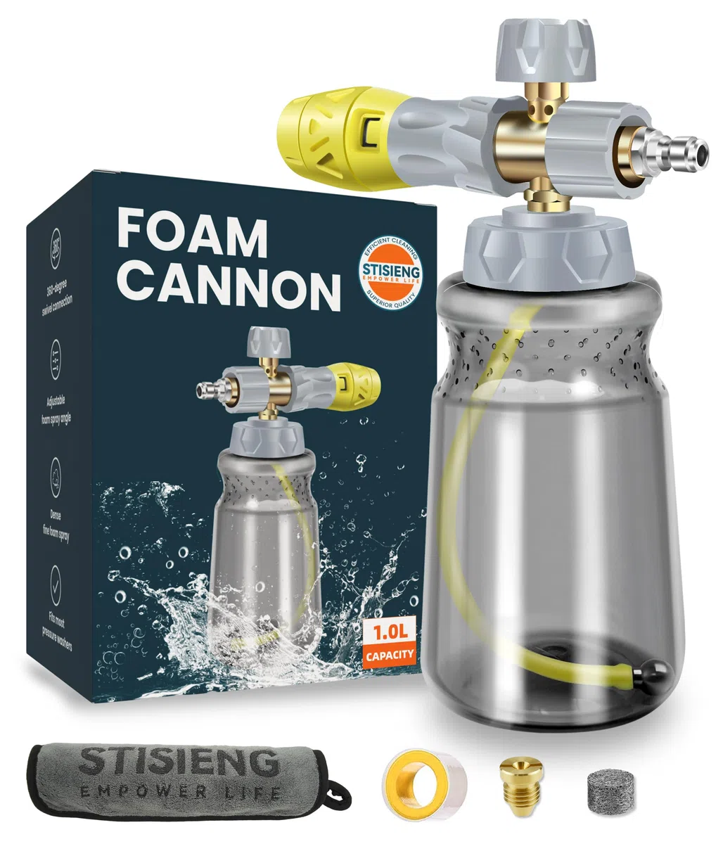 Cañón de espuma profesional para lavadora a presión, pulverizador de espuma de boca ancha de 1 litro con boquilla ajustable, kit de cañón de jabón resistente que incluye orificio de 1,2 mm y